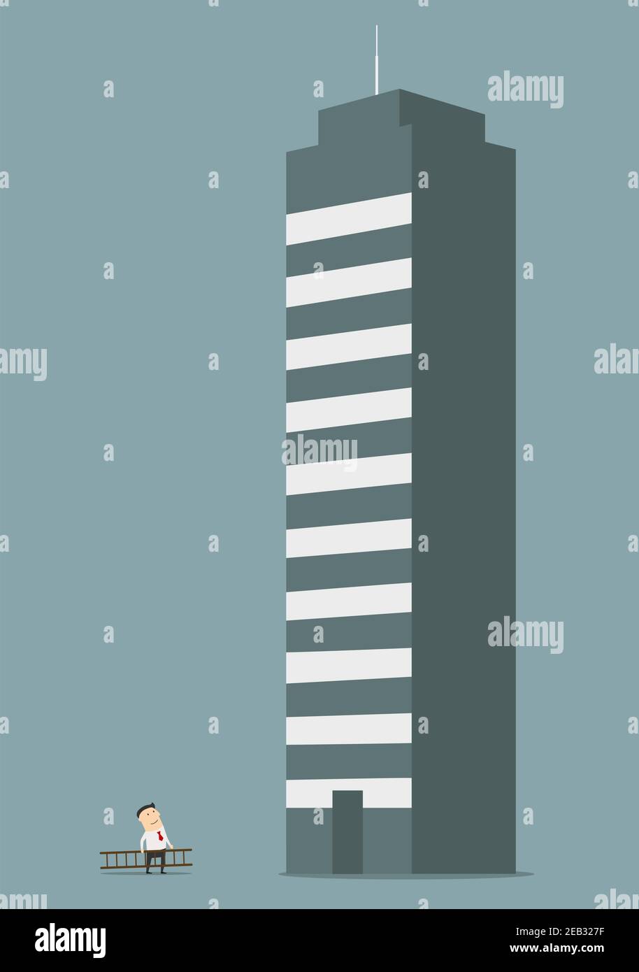 Cartoon businessman carrying a ladder to the tall building of business ...