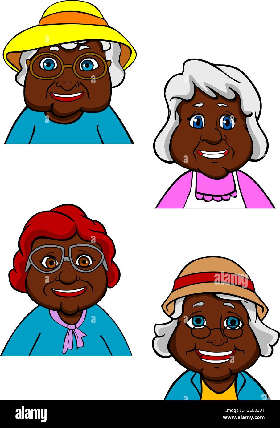 Cheerful active african american old women or ladies cartoon characters  with elegant gray and red hairstyles, hats and glasses Stock Vector Image &  Art - Alamy