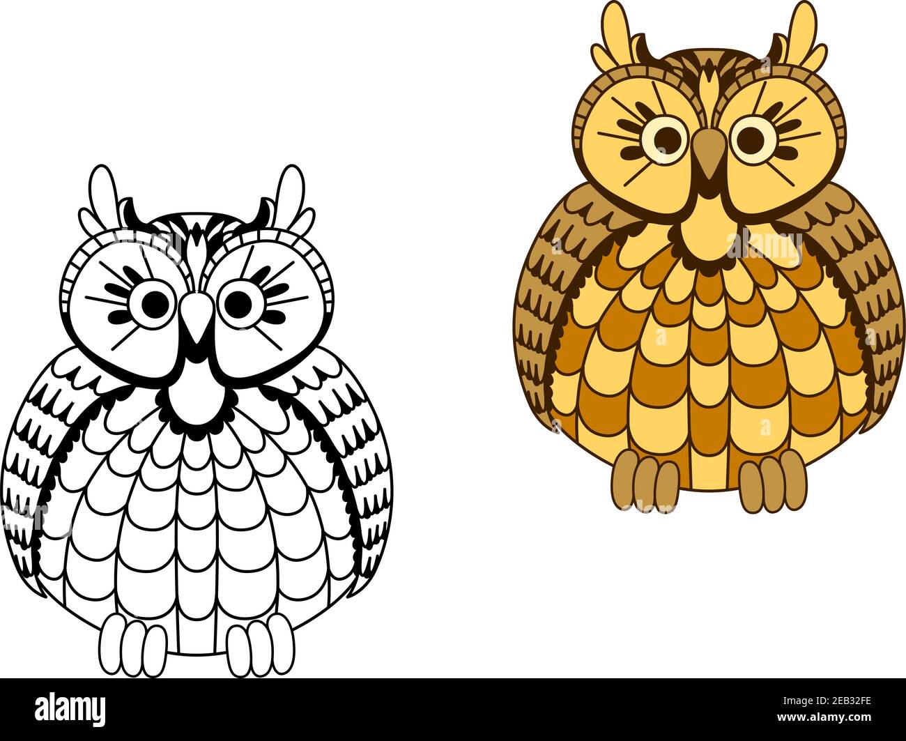 Old wise cartoon eagle owl bird with mottled yellow and orange rounded body and brown wings Stock Vector