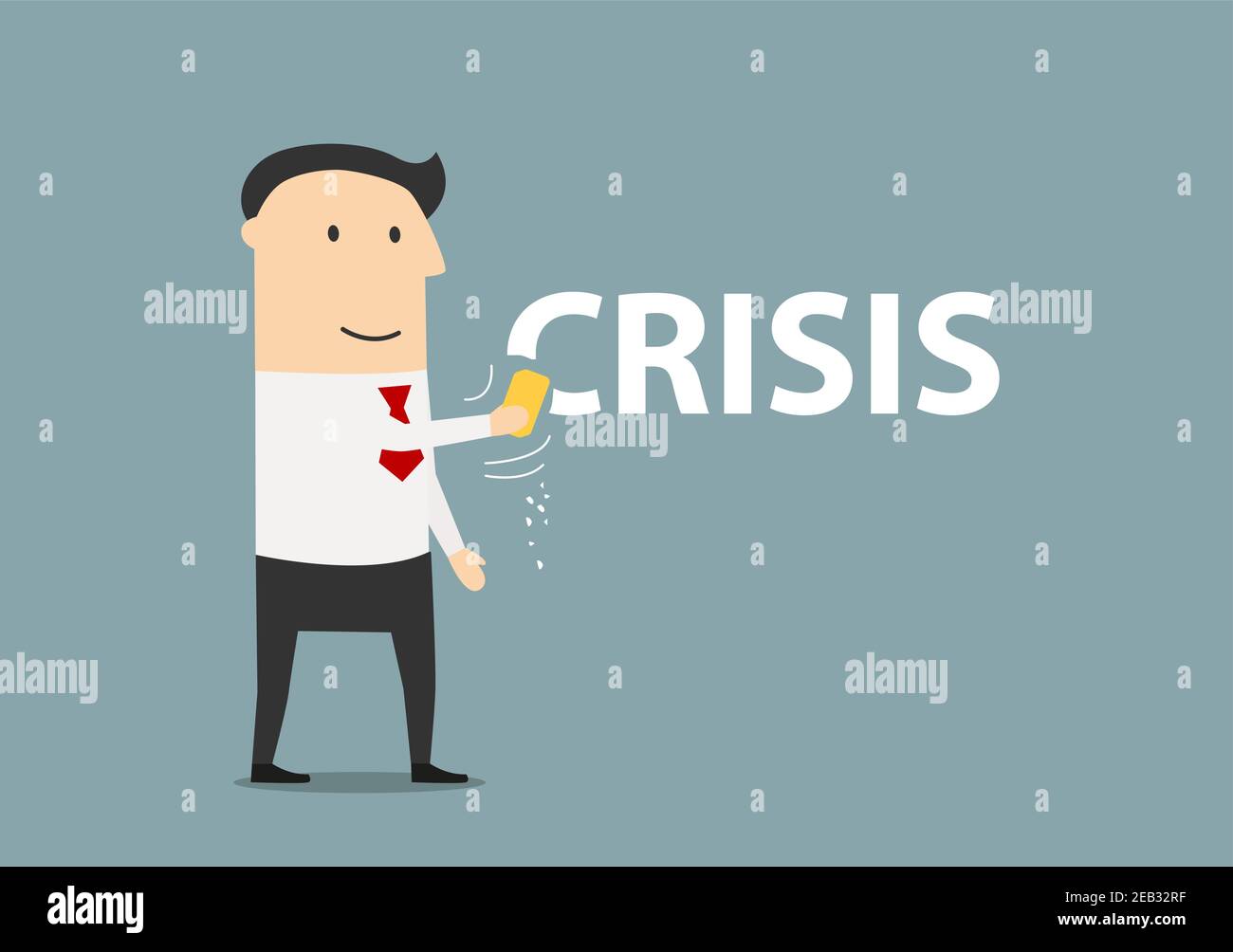 Successful and happy cartoon businessman wiping off the word Crisis by