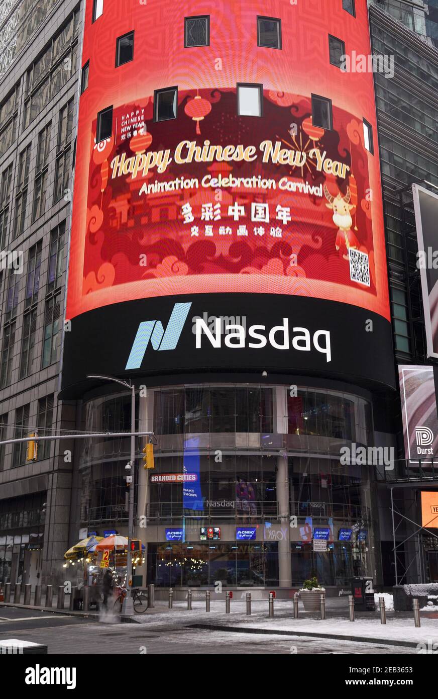 New York, New York, USA. 11th Feb, 2021. An animation program about Chinese Lunar New Year traditions is seen on Nasdaq's outdoor displays in Times Square, New York, Feb. 11, 2021. The U.S. stock exchange Nasdaq celebrated the Chinese Lunar New Year by holding a virtual closing bell ceremony on Thursday afternoon. Credit: Wang Ying/Xinhua/Alamy Live News Stock Photo