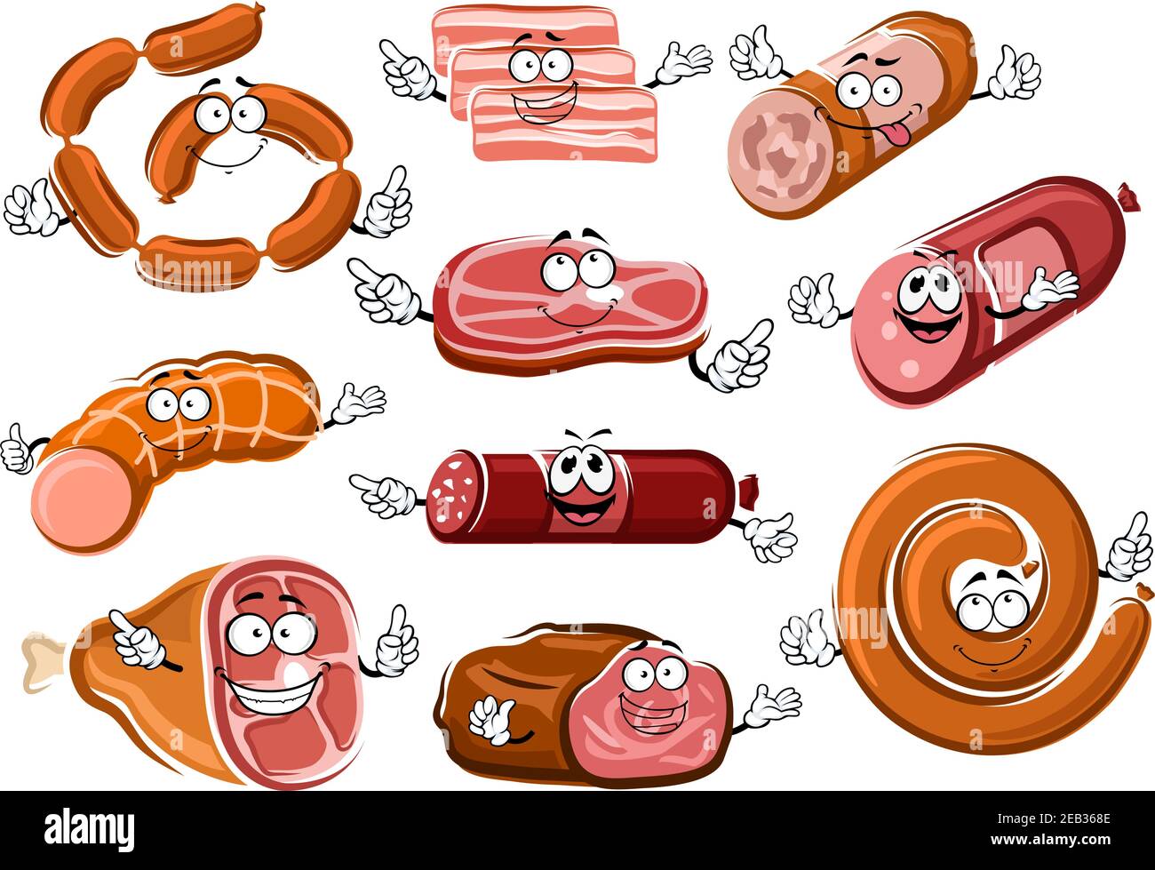 Cartoon sausages, bacon, beef steak, roast beef, salami, pepperoni and