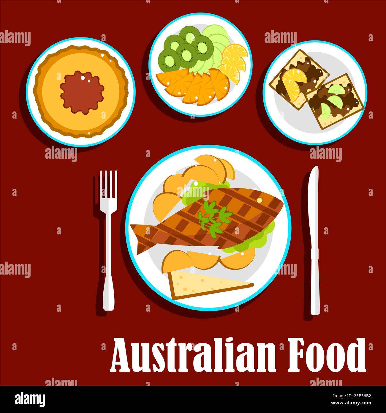 Australian cuisine dishes with fish and chips, meat pie with tomato sauce, fruit salad with slices of apple, orange, kiwi and lemon fruits, toasts wit Stock Vector