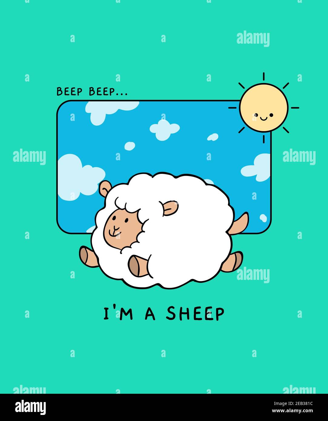 Kids T-Shirt Design With A Joyful Sheep Illustration Stock Photo