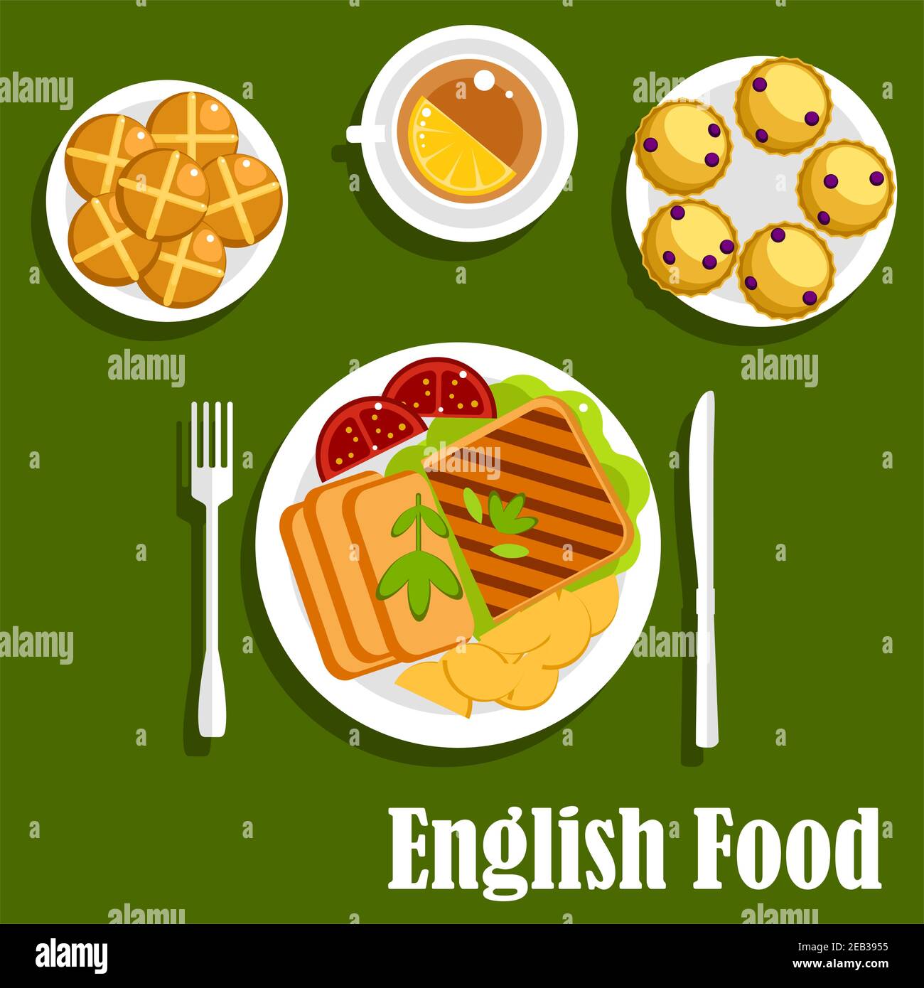 Traditional lunch of english cuisine with roast beef, roast potato, grilled toast and tomatoes, cup of tea with lemon, scones with currants and hot cr Stock Vector