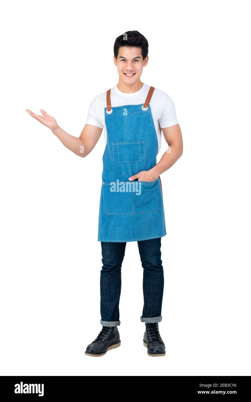 Handsome Asian man wearing apron with open hand standing in white  background Stock Photo - Alamy