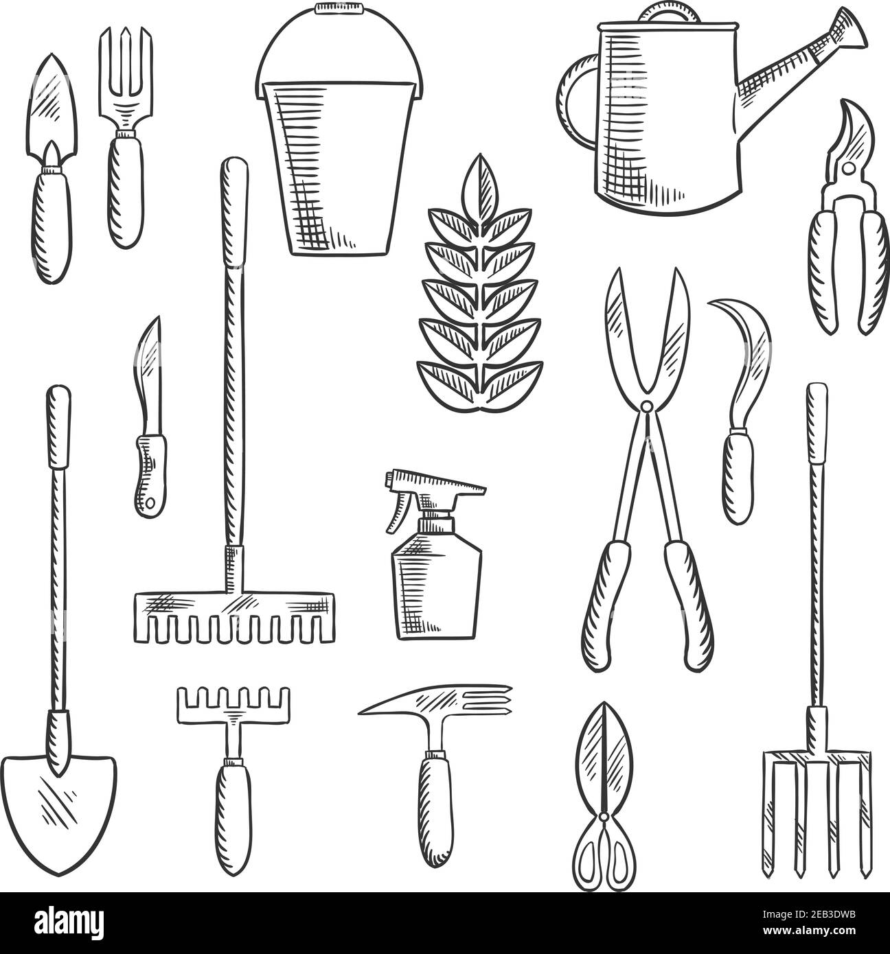 Hand gardening tools sketched icons with trowel, knife, fork, shears, rake, scissors, spray bottle, weeding hoe, sickle and watering can. Sketch style Stock Vector