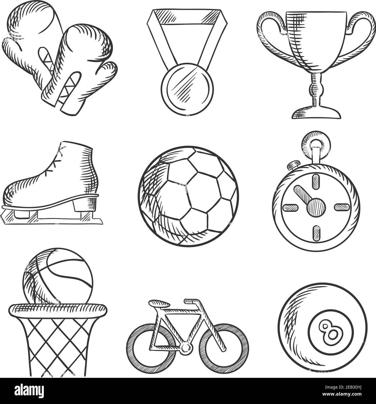 Sketched sport games icons with basketball, soccer , football, ice skating, boxing gloves, cycling and bowls with a winners medal, trophy and stopwatc Stock Vector