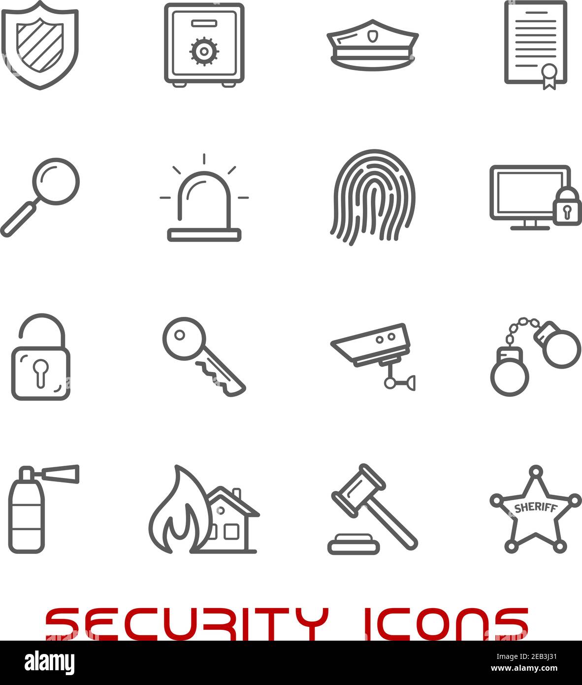 Security and protection thin line style icons with web security shield ...