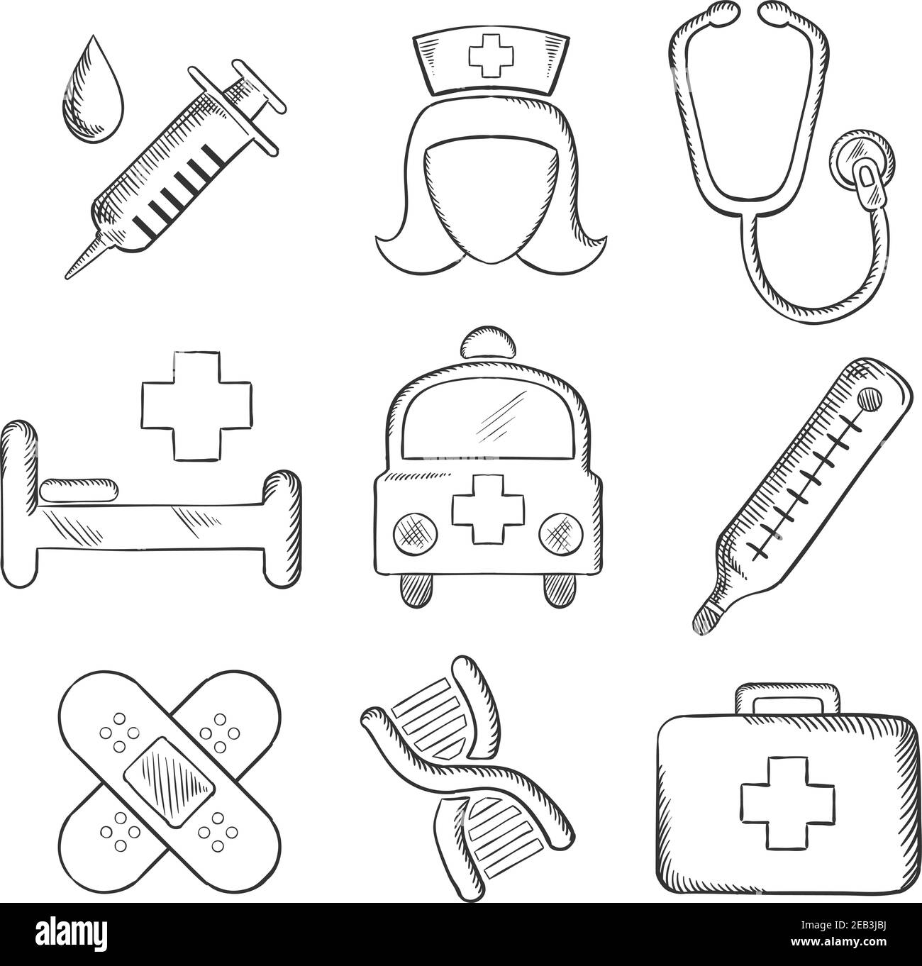 Sketched medical and healthcare icons with a syringe, nurse ...