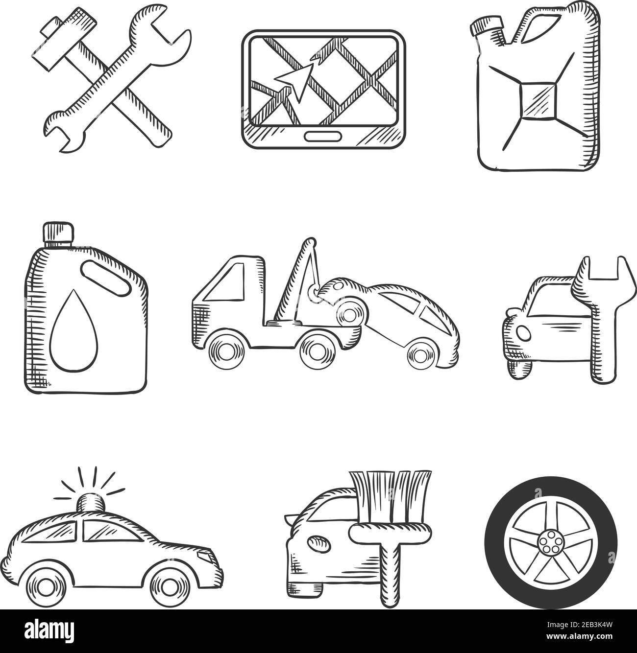 Car service sketch icons including tools, road sign, oil and petrol containers, tow truck, wheel, tyre, jerry can, police, car wash and garage Stock Vector