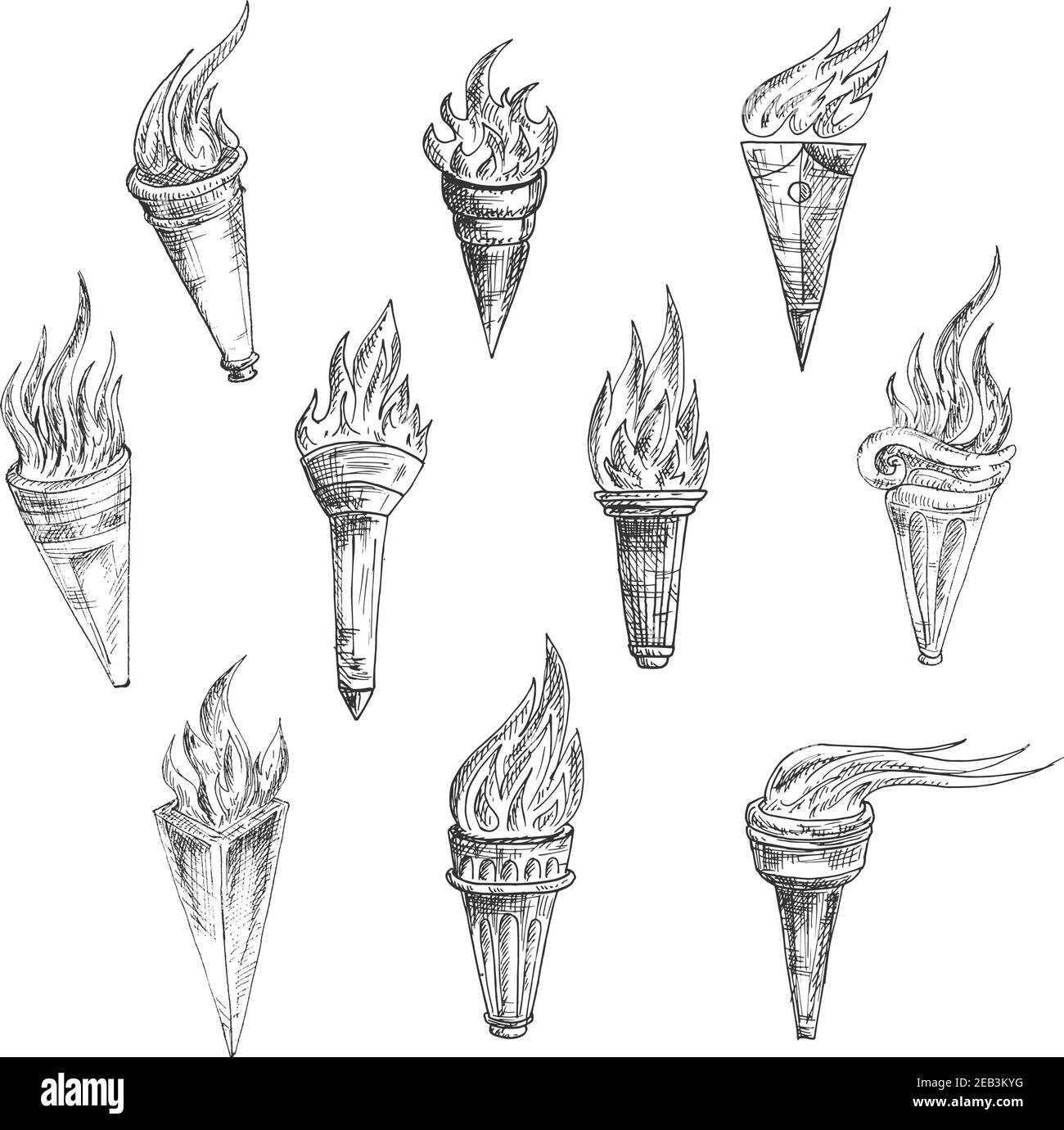 Sketched flaming torches in vintage style. Peace, sport, heraldic and history design usage Stock Vector