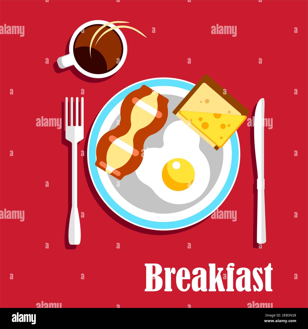 Traditional english breakfast menu with cup of hot coffee, fried egg with crispy slice of bacon and sandwich with toasted bread and cheese, served on Stock Vector