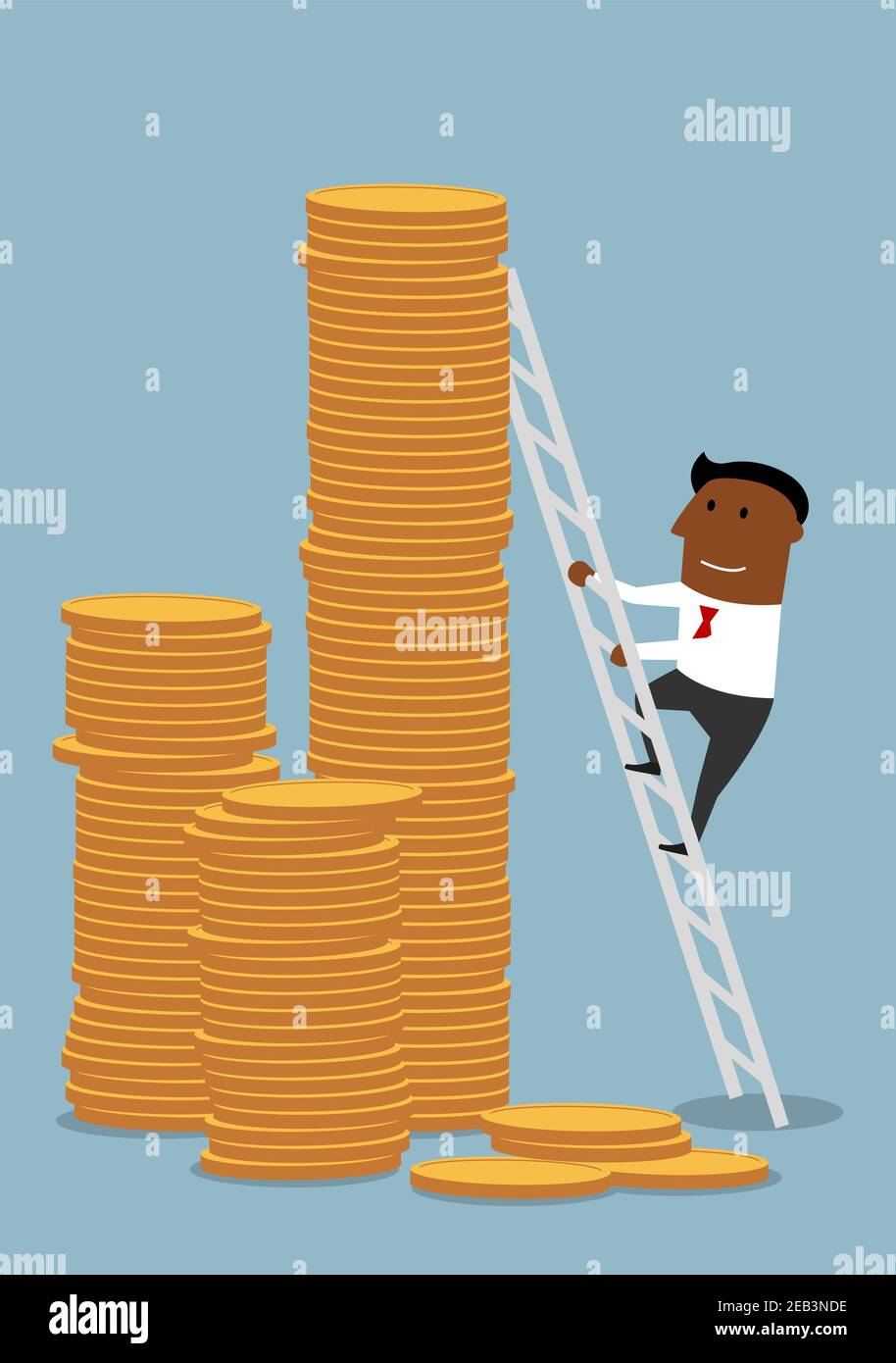 Wealth and ladder of success concept. Lucky african american businessman climbing up to stacks of golden coins, to achieve wealth and success Stock Vector