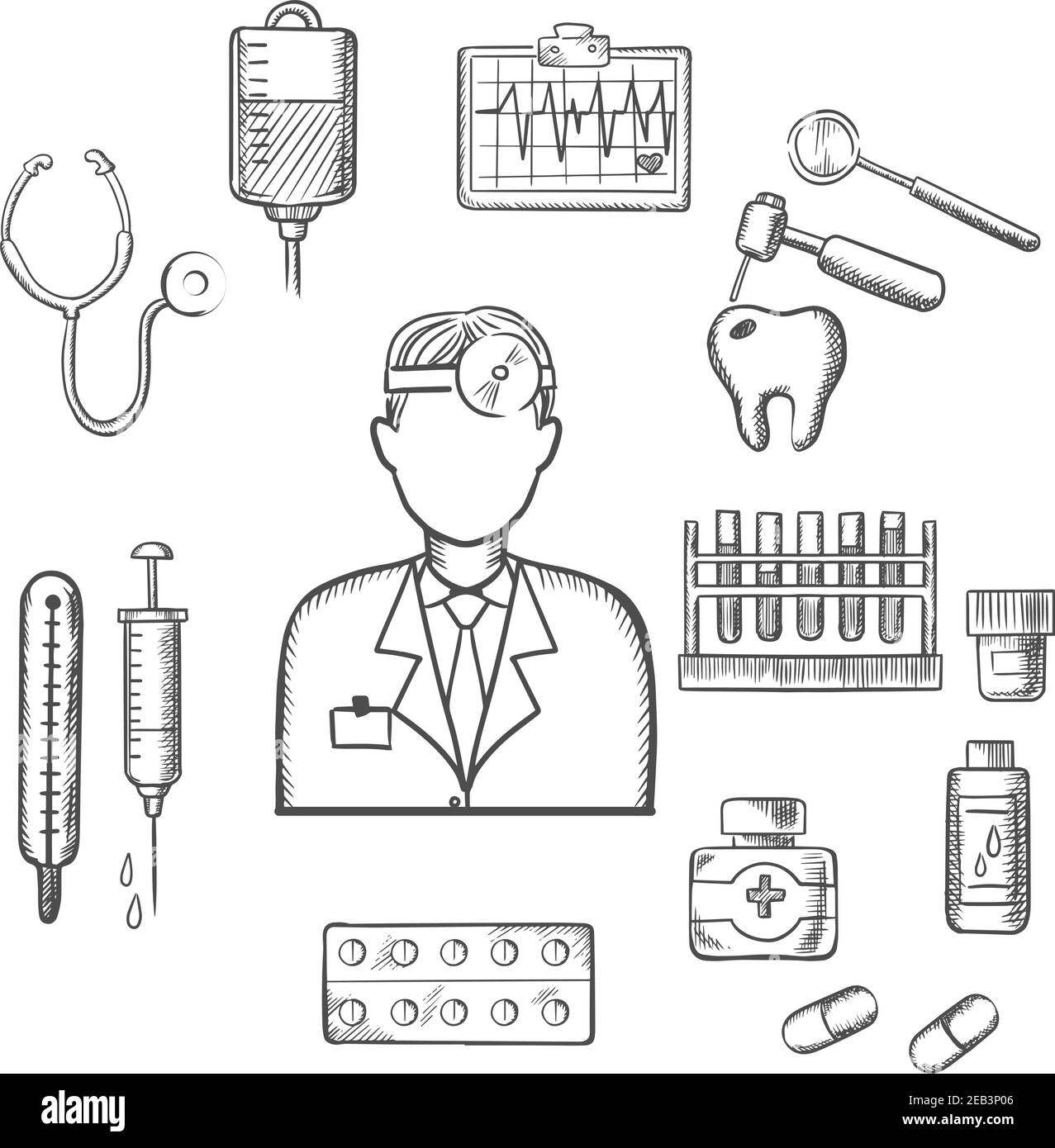 Doctor therapist in sketch style with medical icons as tubes, flasks, drugs and pills, syringe, dentistry, blood transfusion, ultrasound stethoscope. Stock Vector