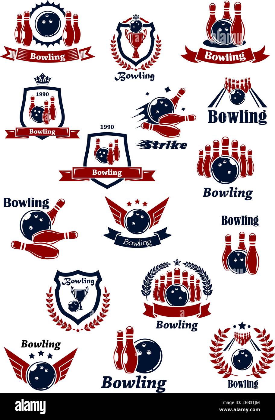 Bowling club or tournament icons and symbols design in red and blue colors with balls, ninepins, strikes and trophy cups on lanes. Adorned by wreaths, Stock Vector