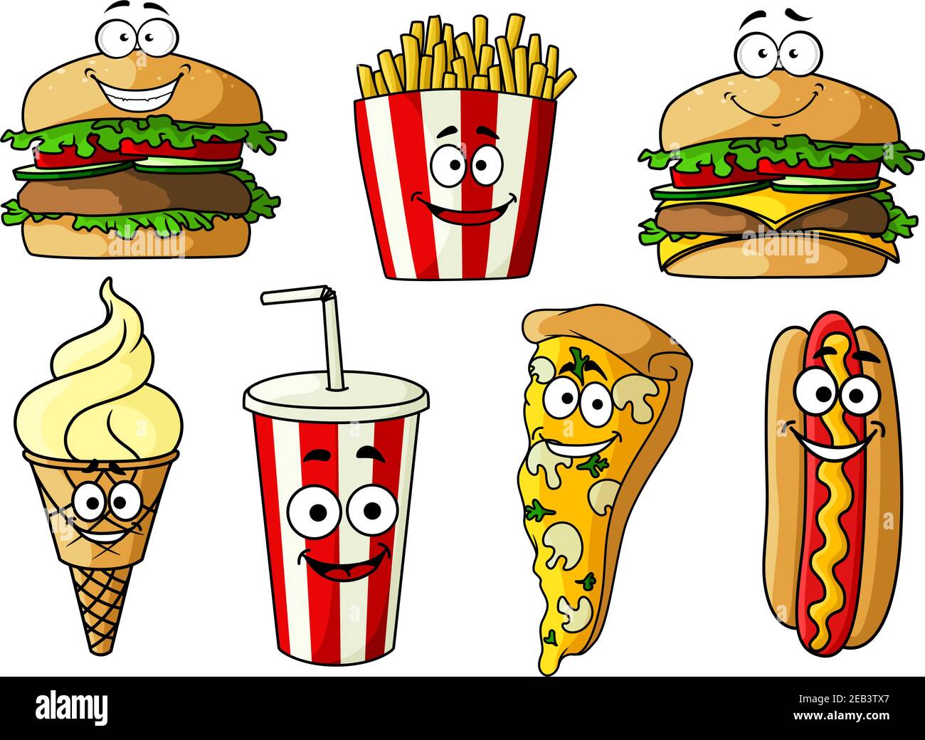 Joyful cartoon fast food hamburger, cheeseburger, pizza, hot dog with  mustard , ice cream cone, french fries and soda drink in takeaway striped  paper Stock Vector Image & Art - Alamy
