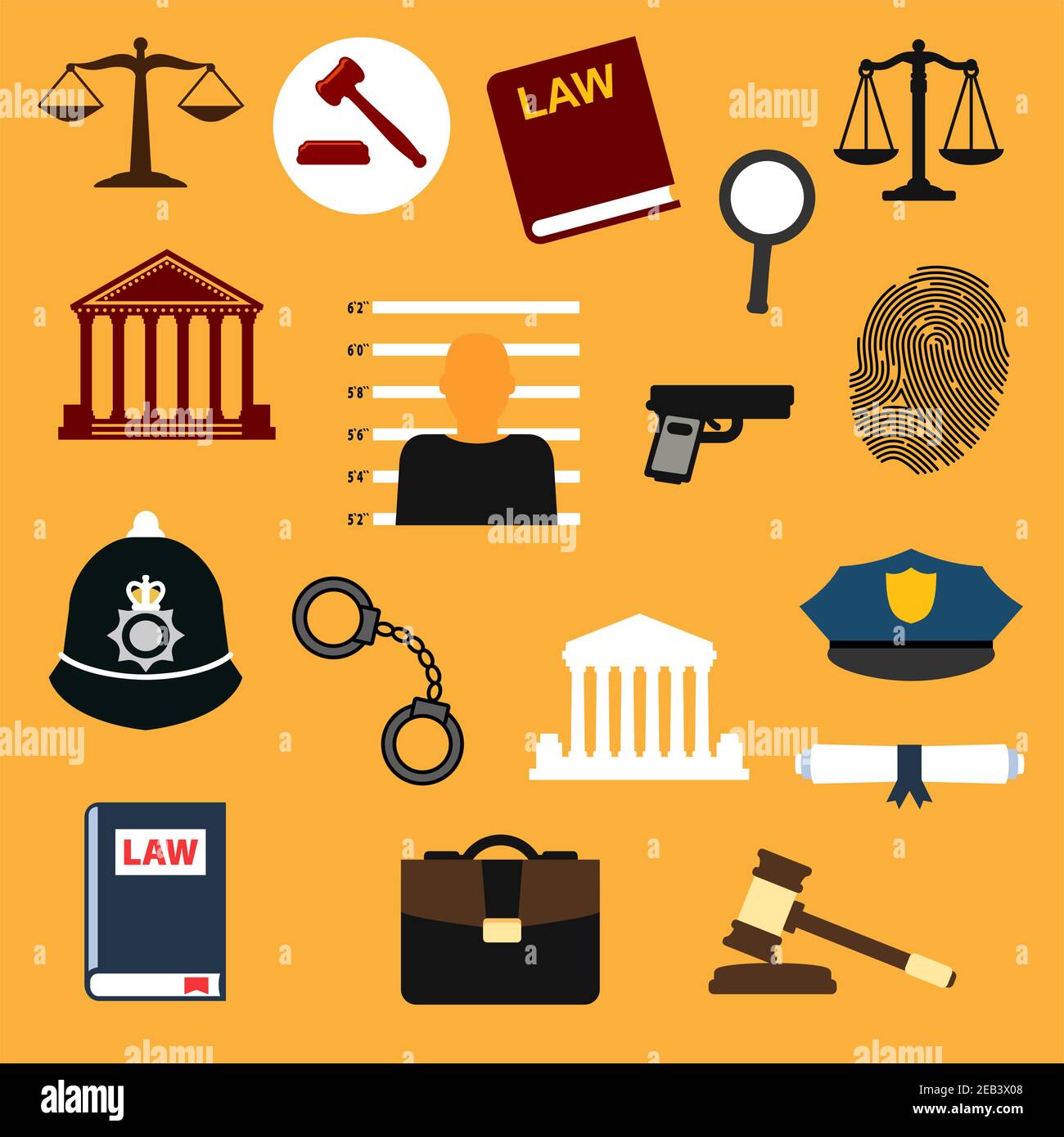 Law, justice and police flat icons set. Lawbook, prisoner photo, handcuff, gun, fingerprint, policeman peaked caps, court building, magnifier, gavel, Stock Vector