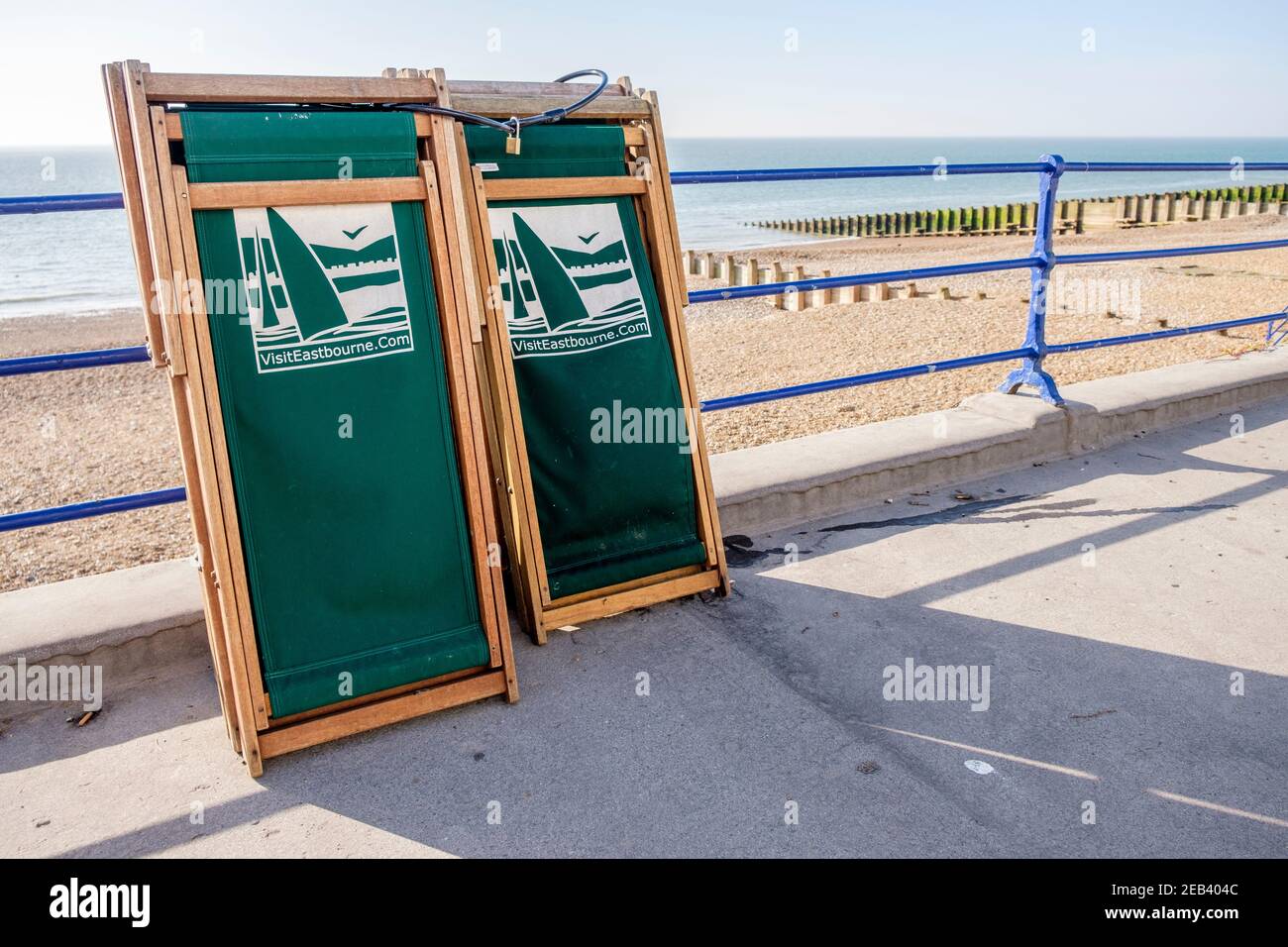Deckchairs on the promenade at Eastbourne, Sussex, England, GB, UK Stock Photo