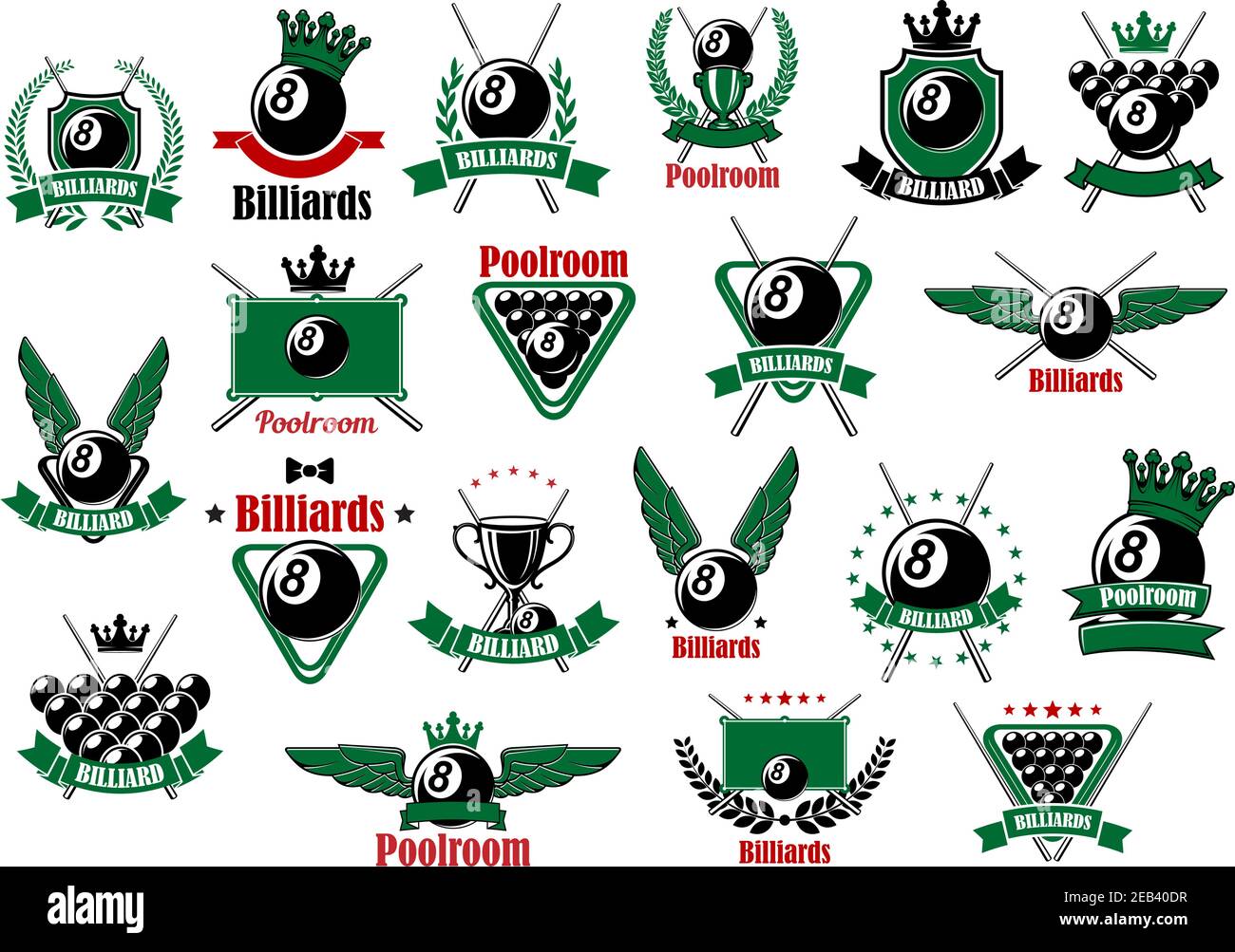 Billiards, pool and snooker sport icons for poolroom or competition emblems design with balls, cues, tables, winged and crowned lucky black balls, tro Stock Vector
