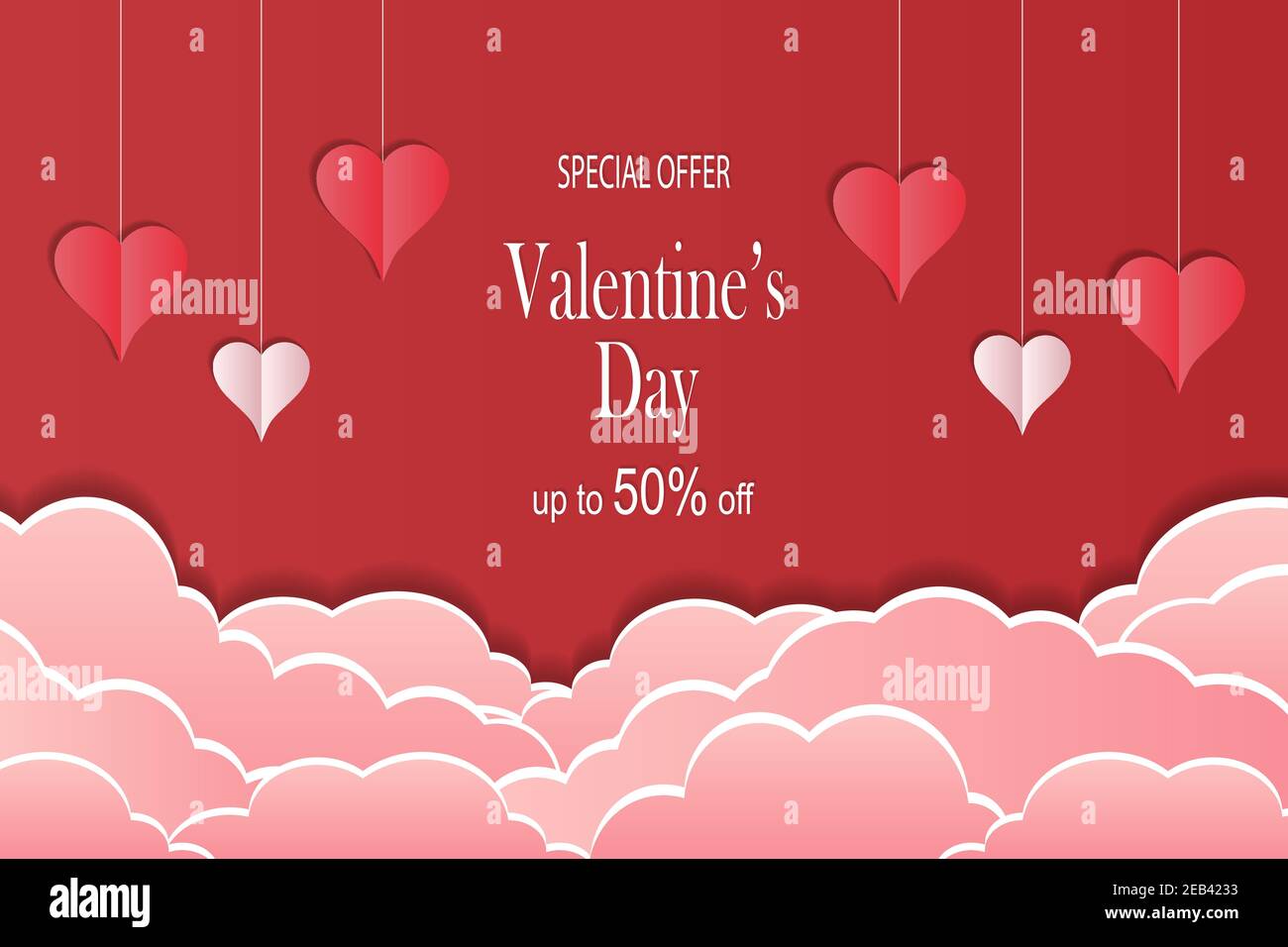Romantic template with hanging paper hearts and clouds on a red ...