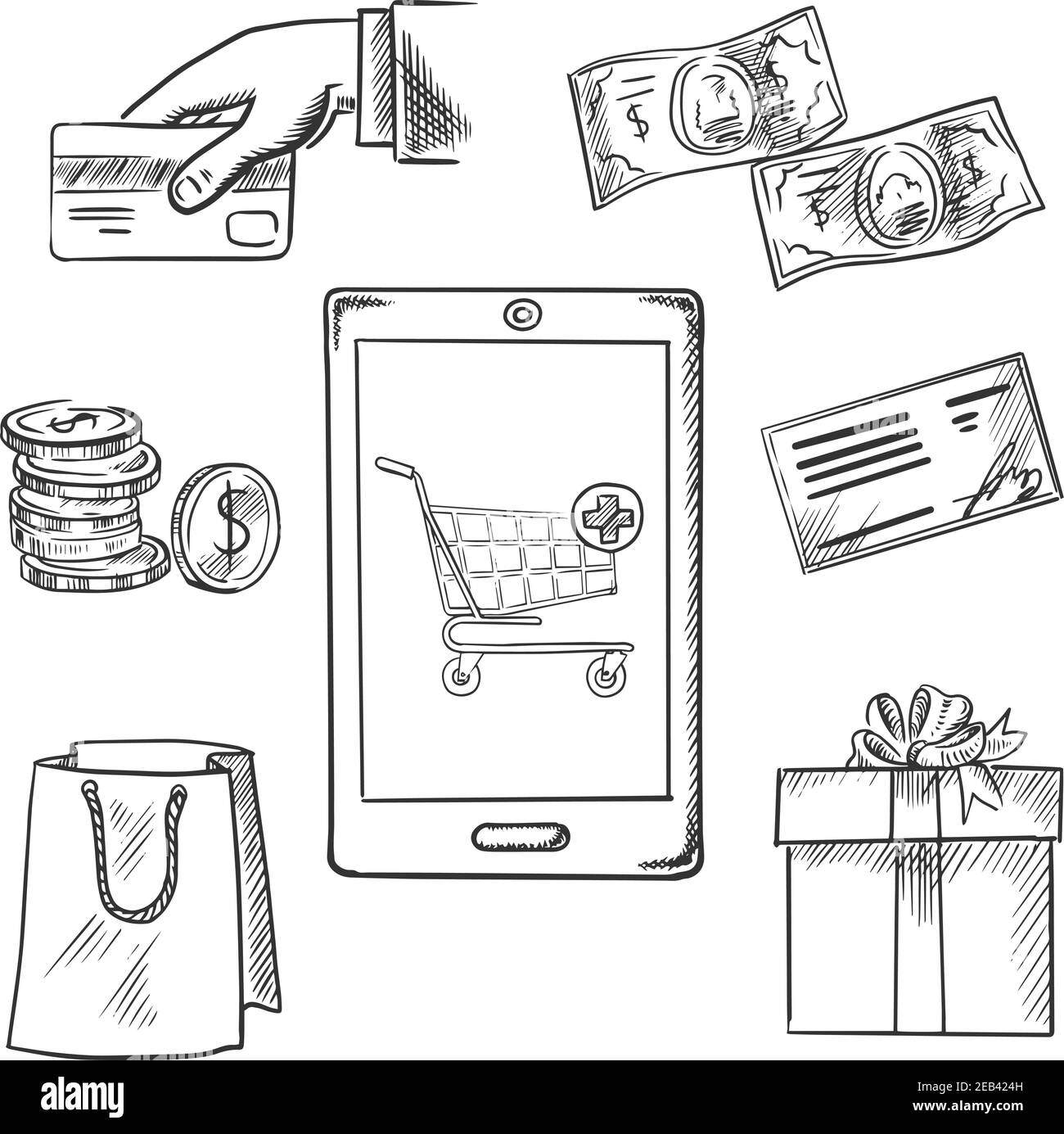 E-commerce vector sketch concept of various payment options with a central  smartphone displaying a shopping cart surrounded by icons for a bag, bank c  Stock Vector Image & Art - Alamy