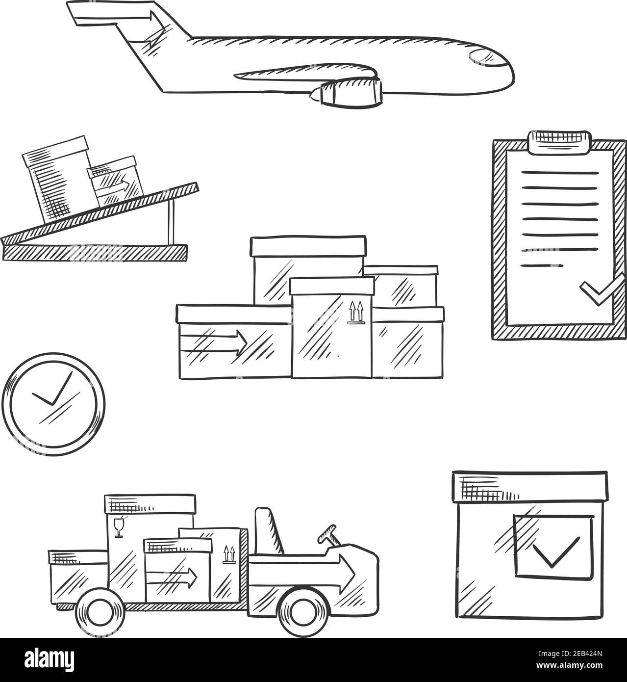 Air cargo and logistics business sketch icons of airplane, conveyor, cardboard boxes with packaging symbols, airport truck, clock and clip board with Stock Vector