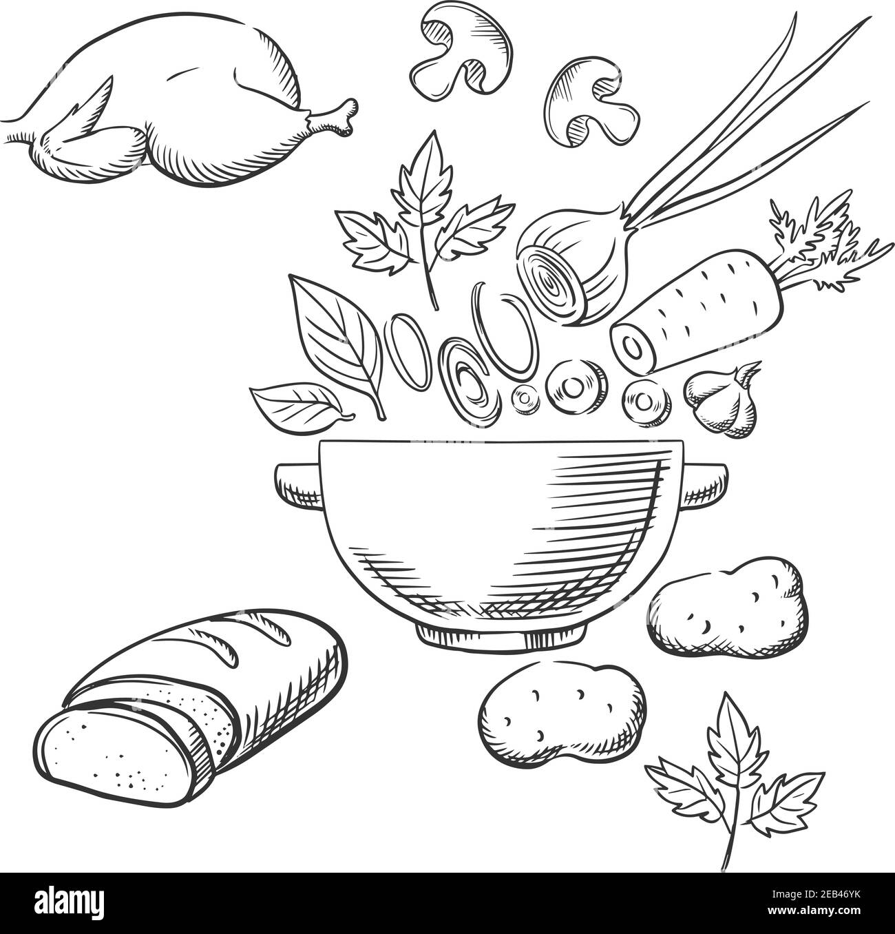 Cooking salad process with a roast chicken, bread, fresh carrot, onion and mushrooms being sliced into a dish. Vector sketch Stock Vector