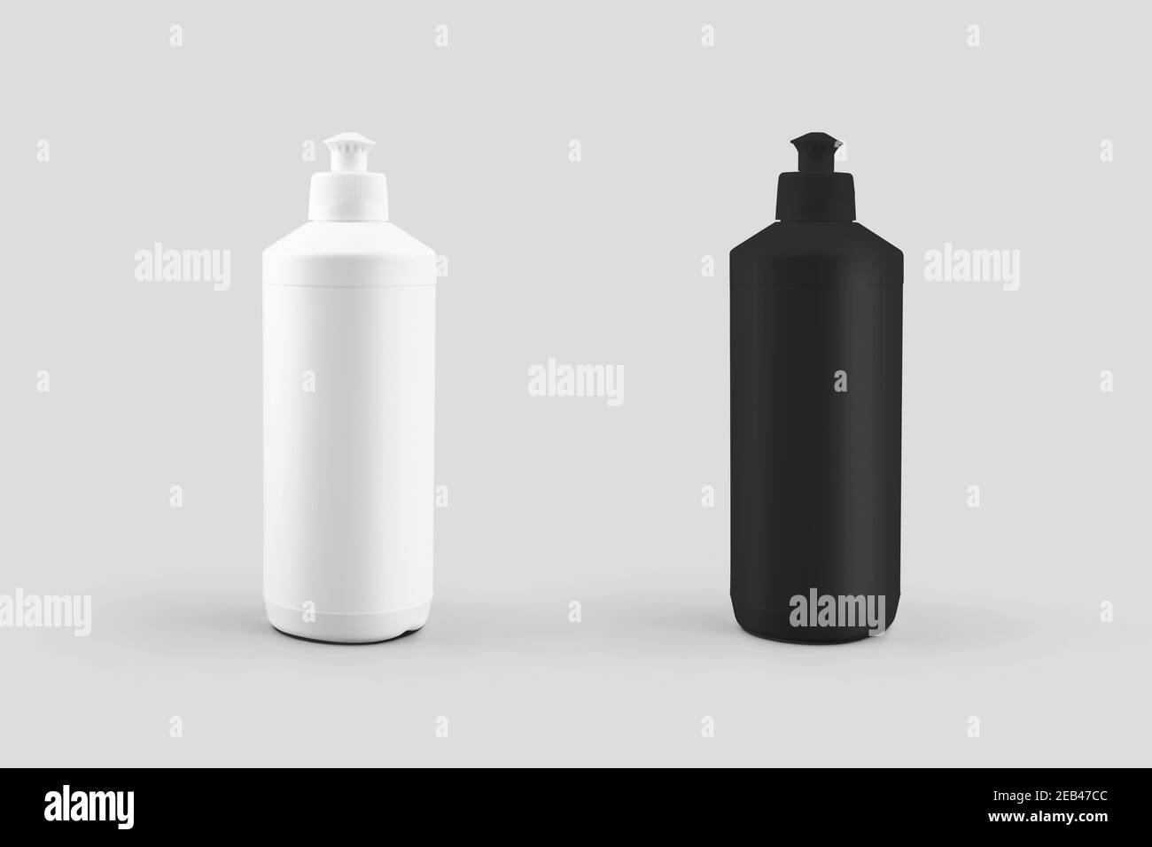 Mockup of plastic white, black bottle with push-pull, container with liquid for cleaning the house, dishwasher, isolated on background. Glossy packagi Stock Photo