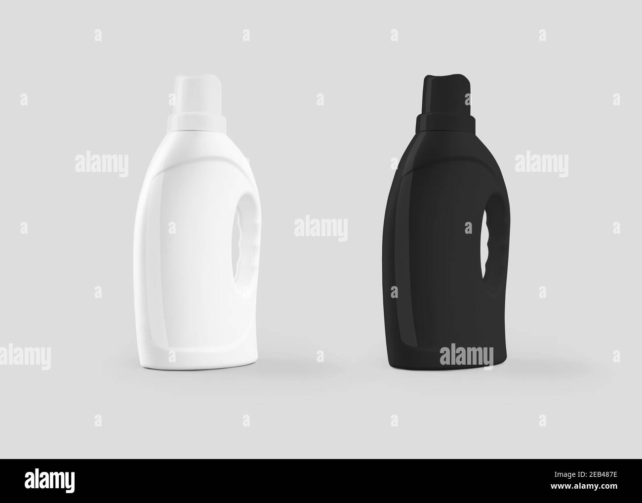 Plastic bottle template with lid, handle, glossy white, black packaging for liquid detergent, isolated on background. Mockup jar for shampoo, gel, con Stock Photo