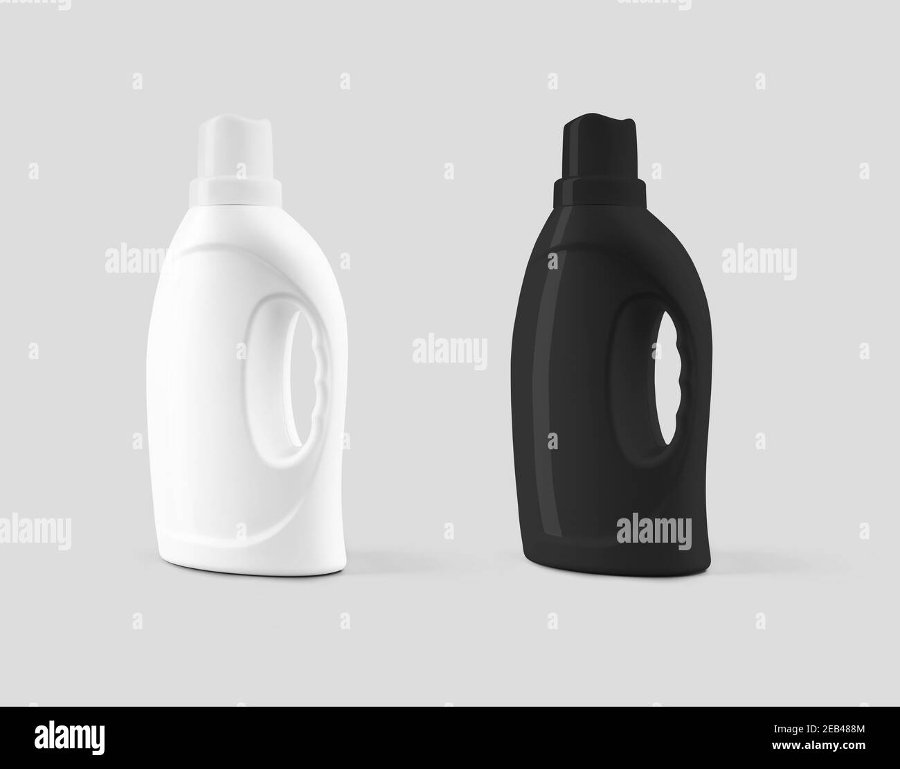 Template of plastic white, black bottle with screw cap, handle, packaging for powder, gel, liquid detergent, for design presentation, advertising. Moc Stock Photo