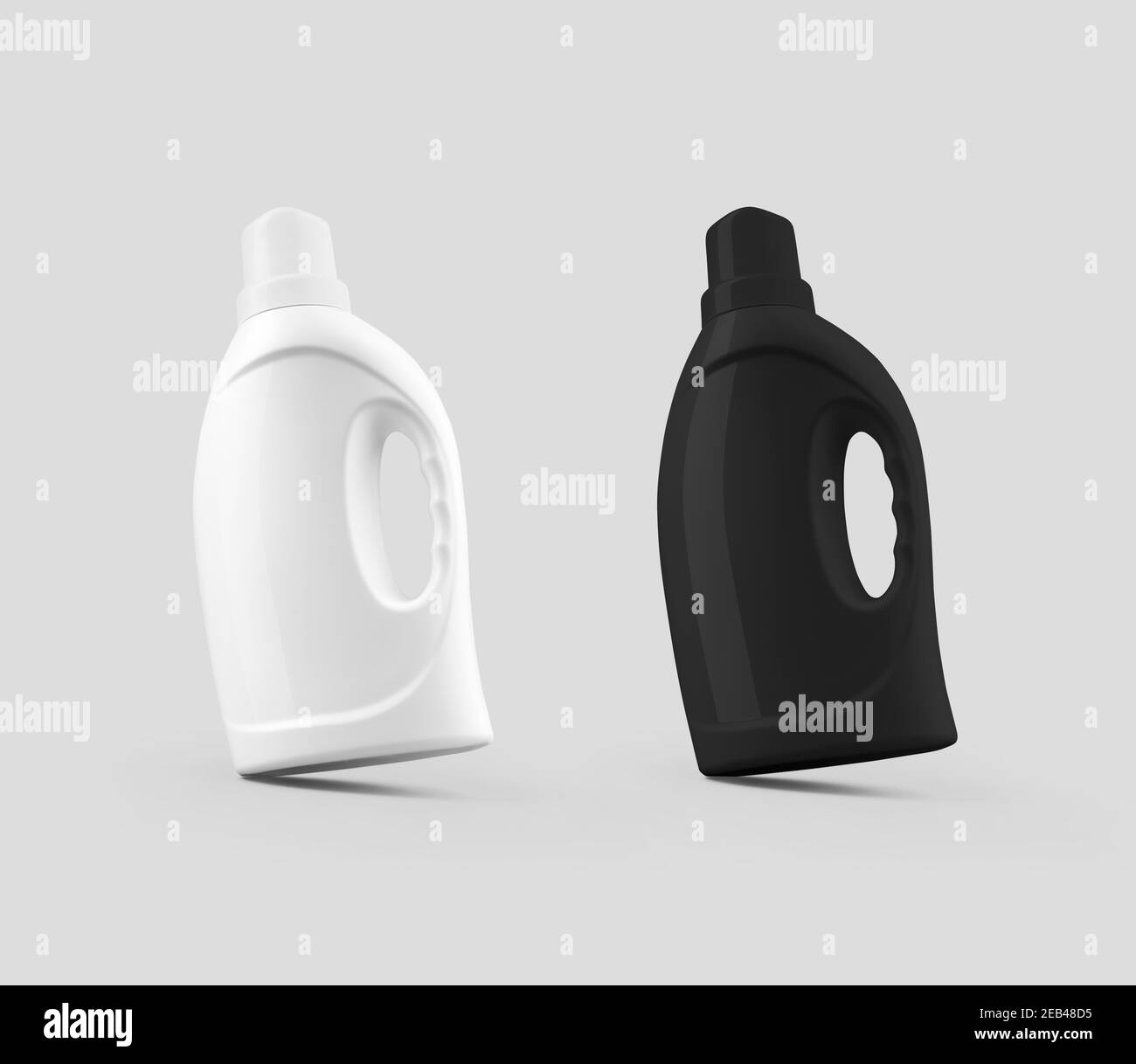 Mockup of a white, black glossy bottle with a cap, a handle, for a powder, a liquid detergent, a jar isolated on a background. Packaging template for Stock Photo