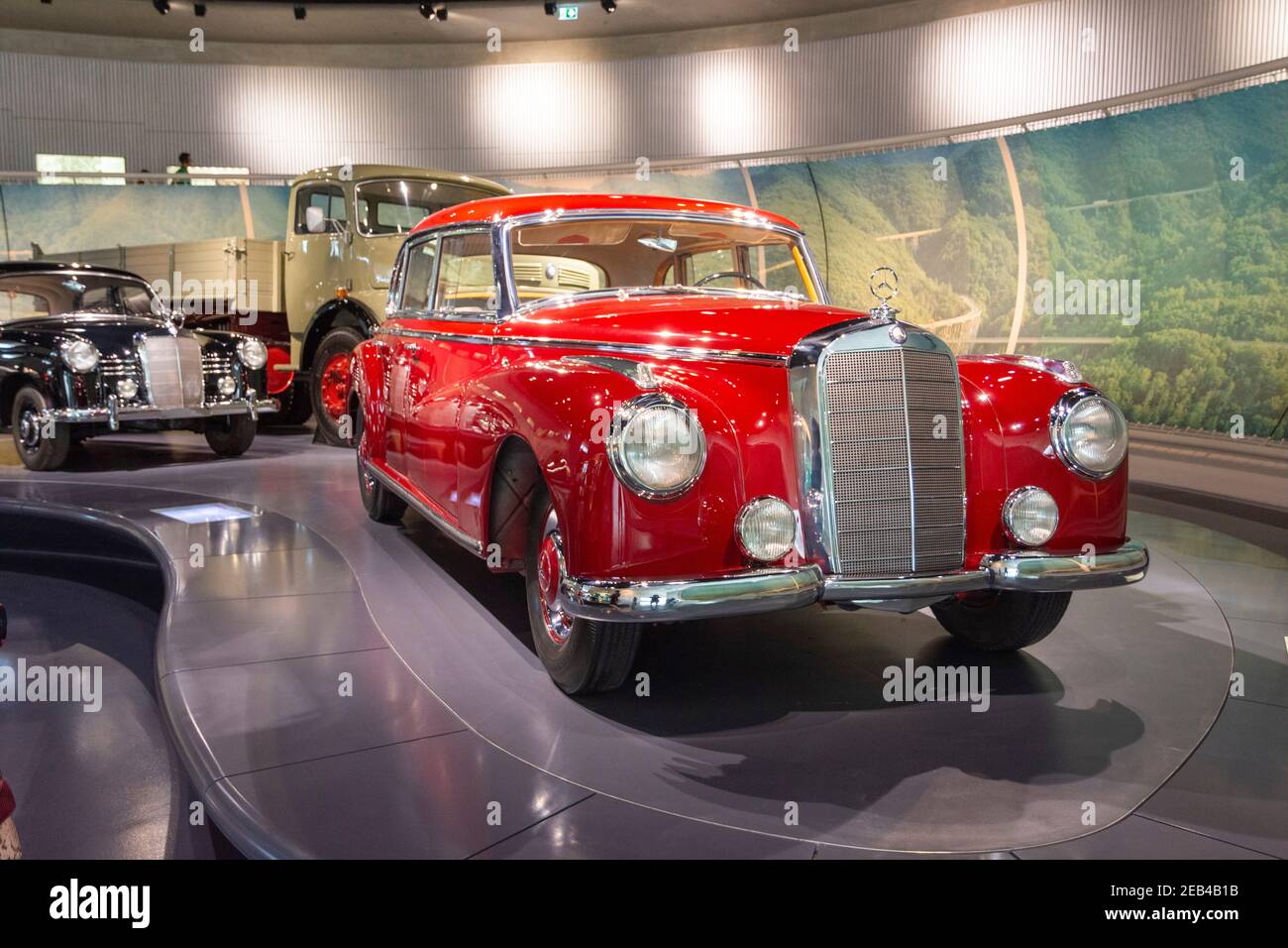 Interior of the Mercedes Benz Museum in Stuttgart, Germany. Old style ...