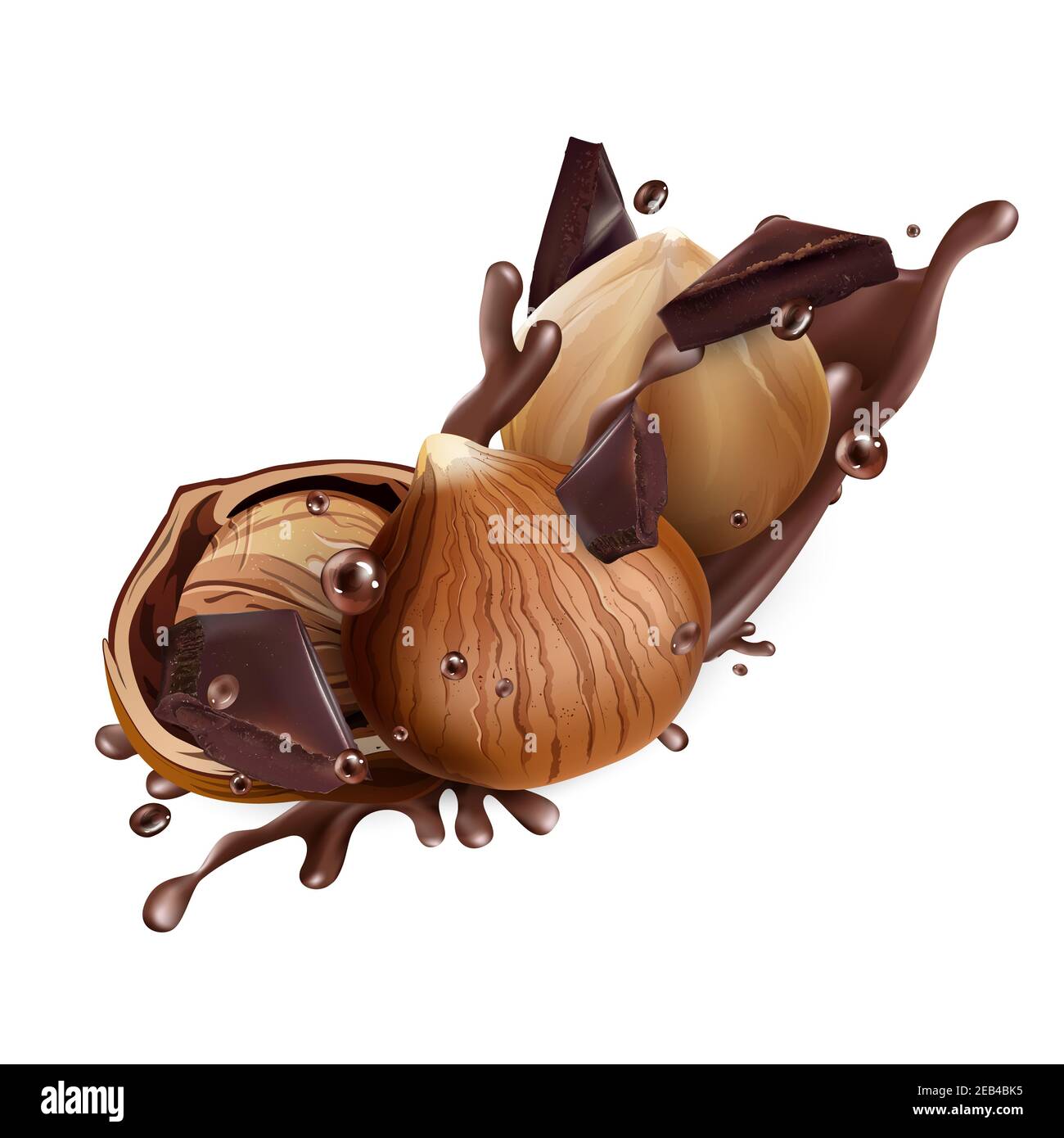 Hazelnuts with chocolate pieces and a splash of chocolate. Stock Photo