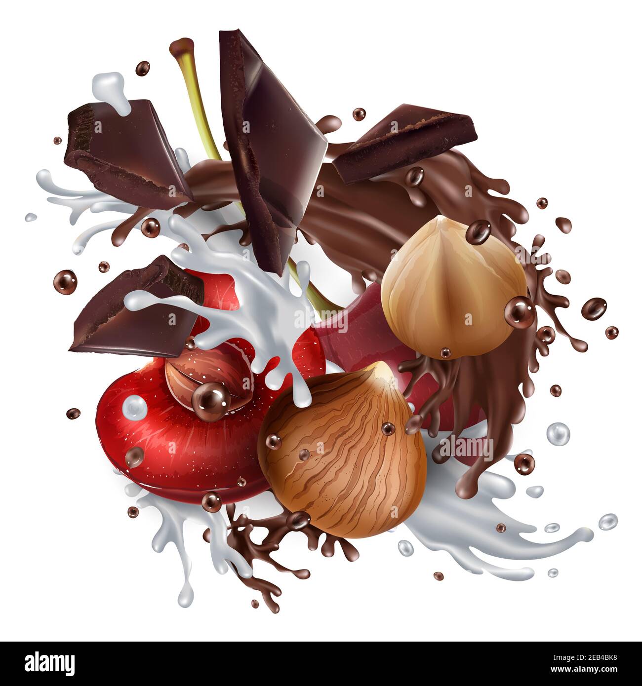 Hazelnuts and cherries with chocolate and milk. Stock Photo