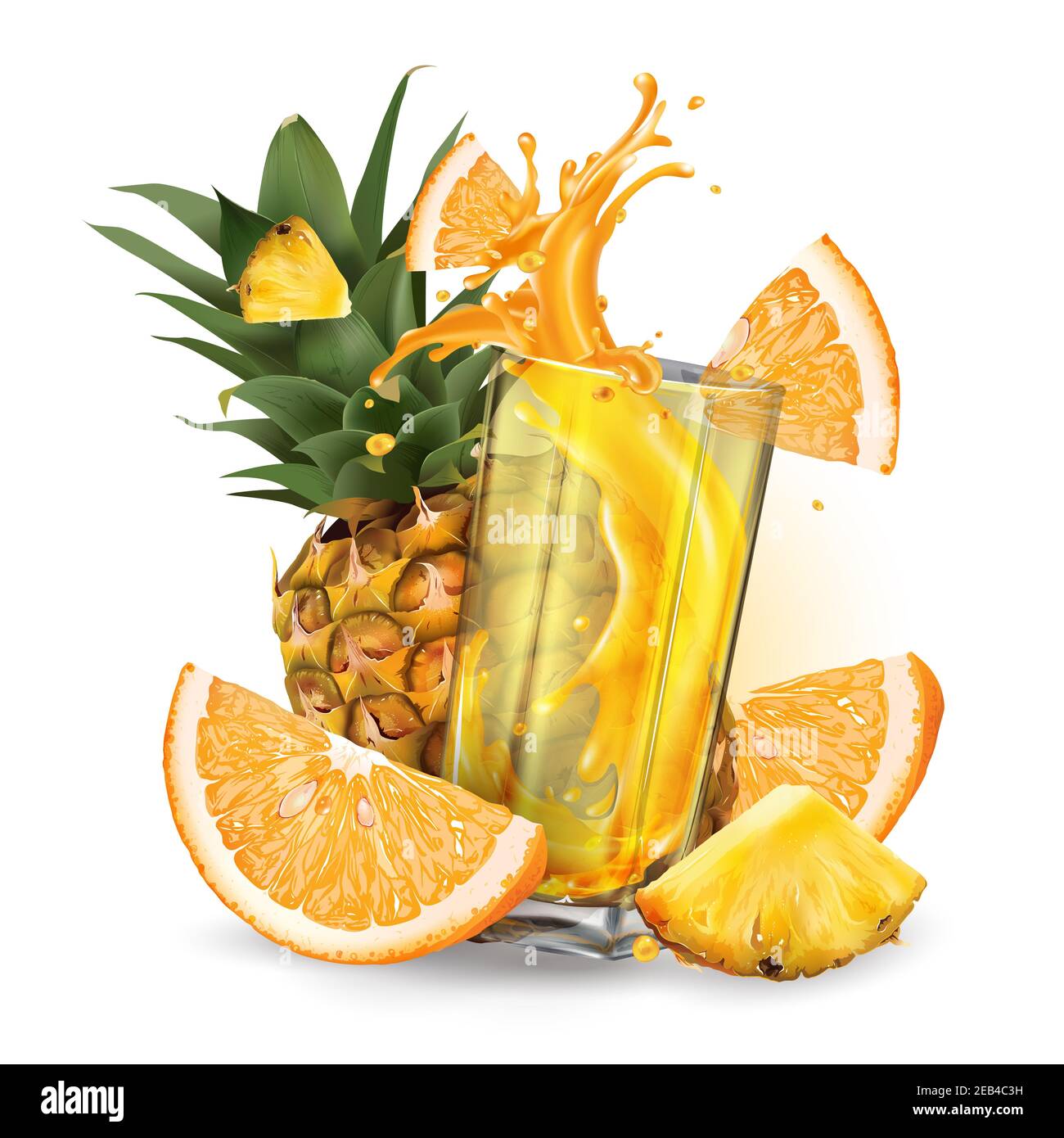 Pineapple, orange and a glass of splashing fruit juice. Stock Photo