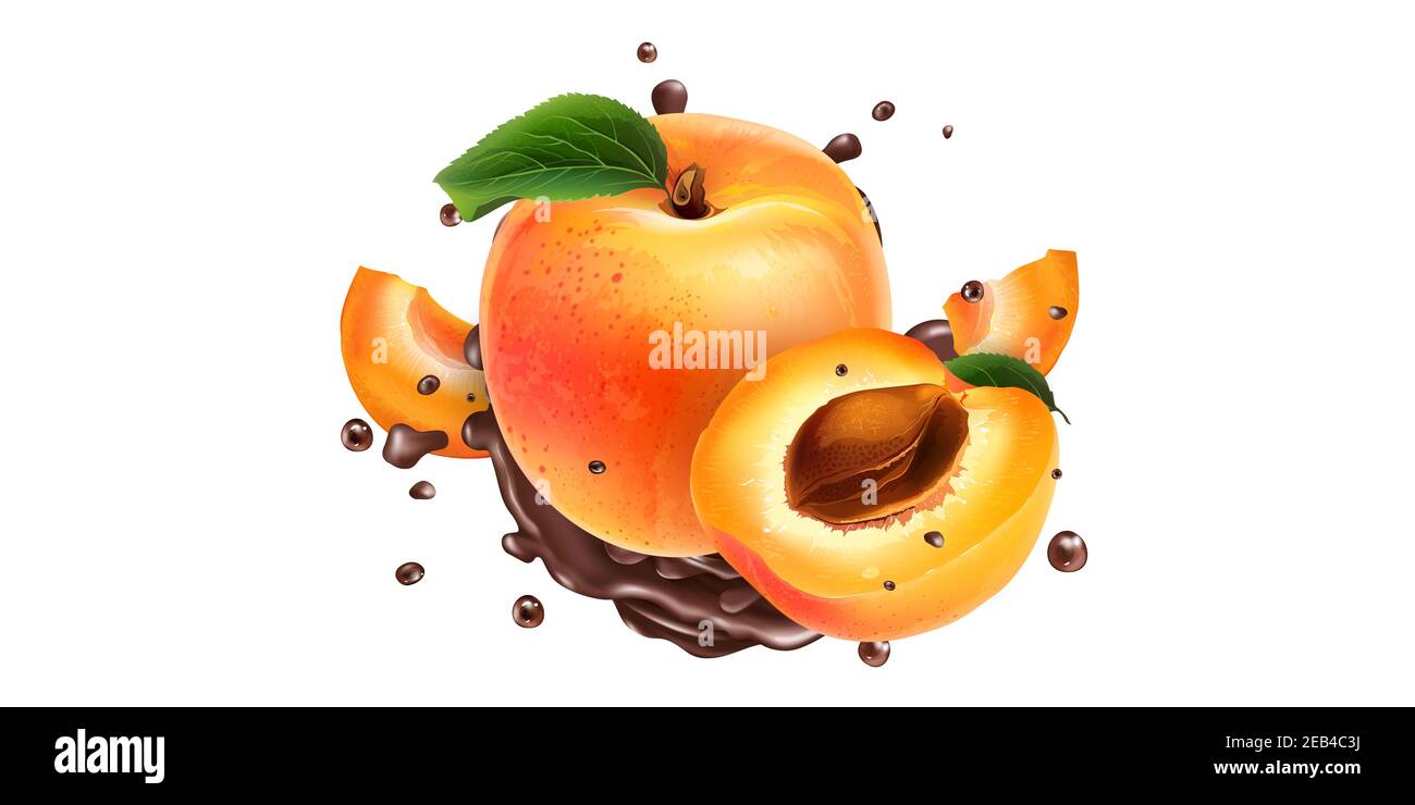 Ripe apricots and splashes of liquid chocolate. Stock Photo