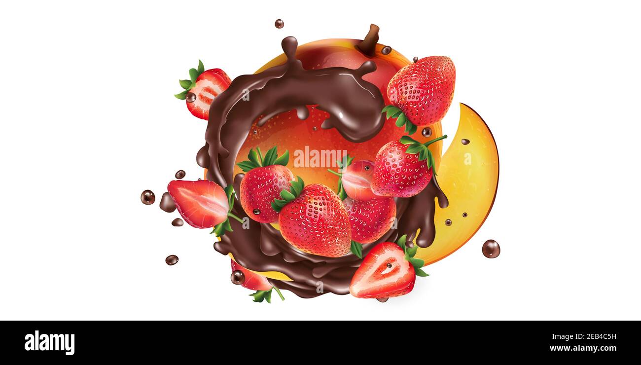 Fresh mango with strawberries and splashes of liquid chocolate. Stock Photo