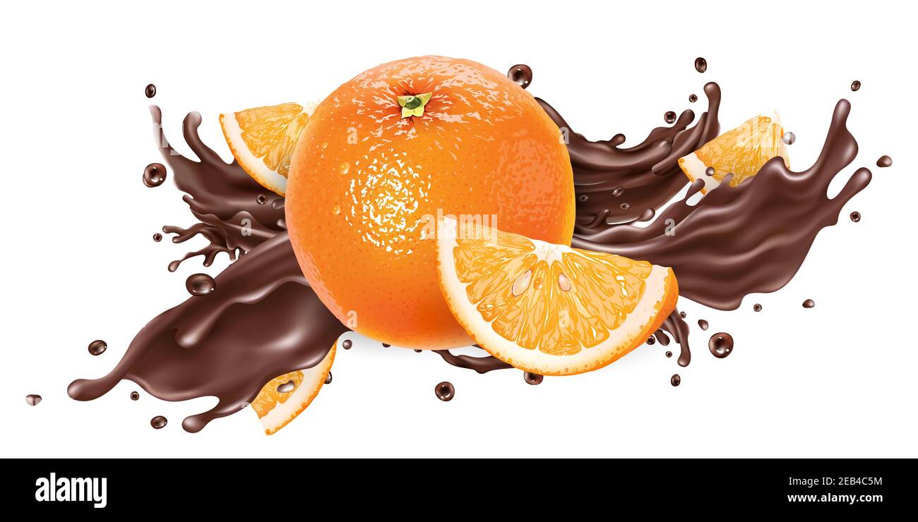 Splash of liquid chocolate and fresh oranges. Stock Photo