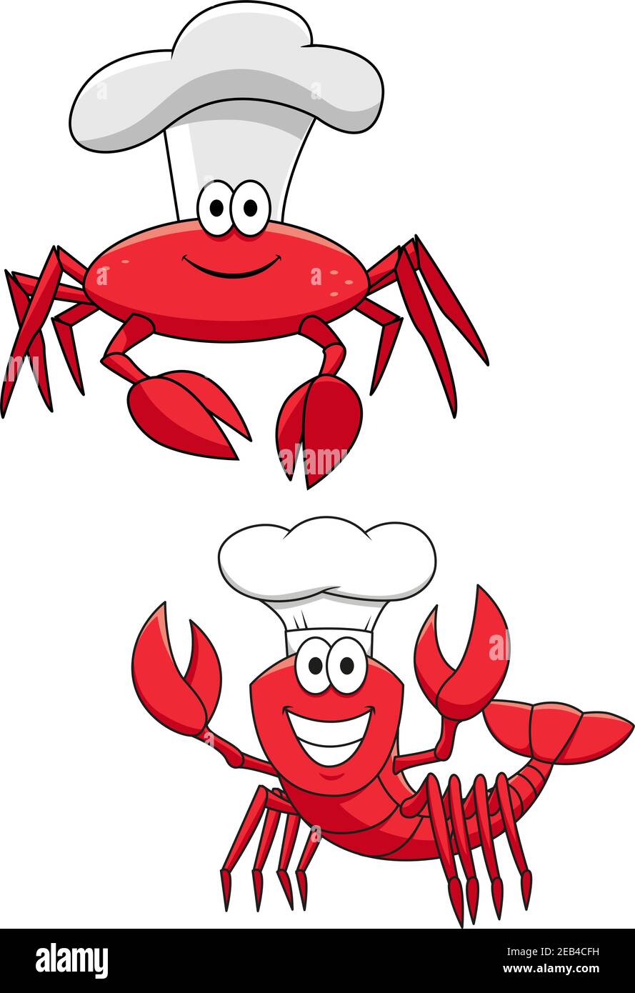 Cartoon funny crustacean chefs characters with red crab and shrimp in