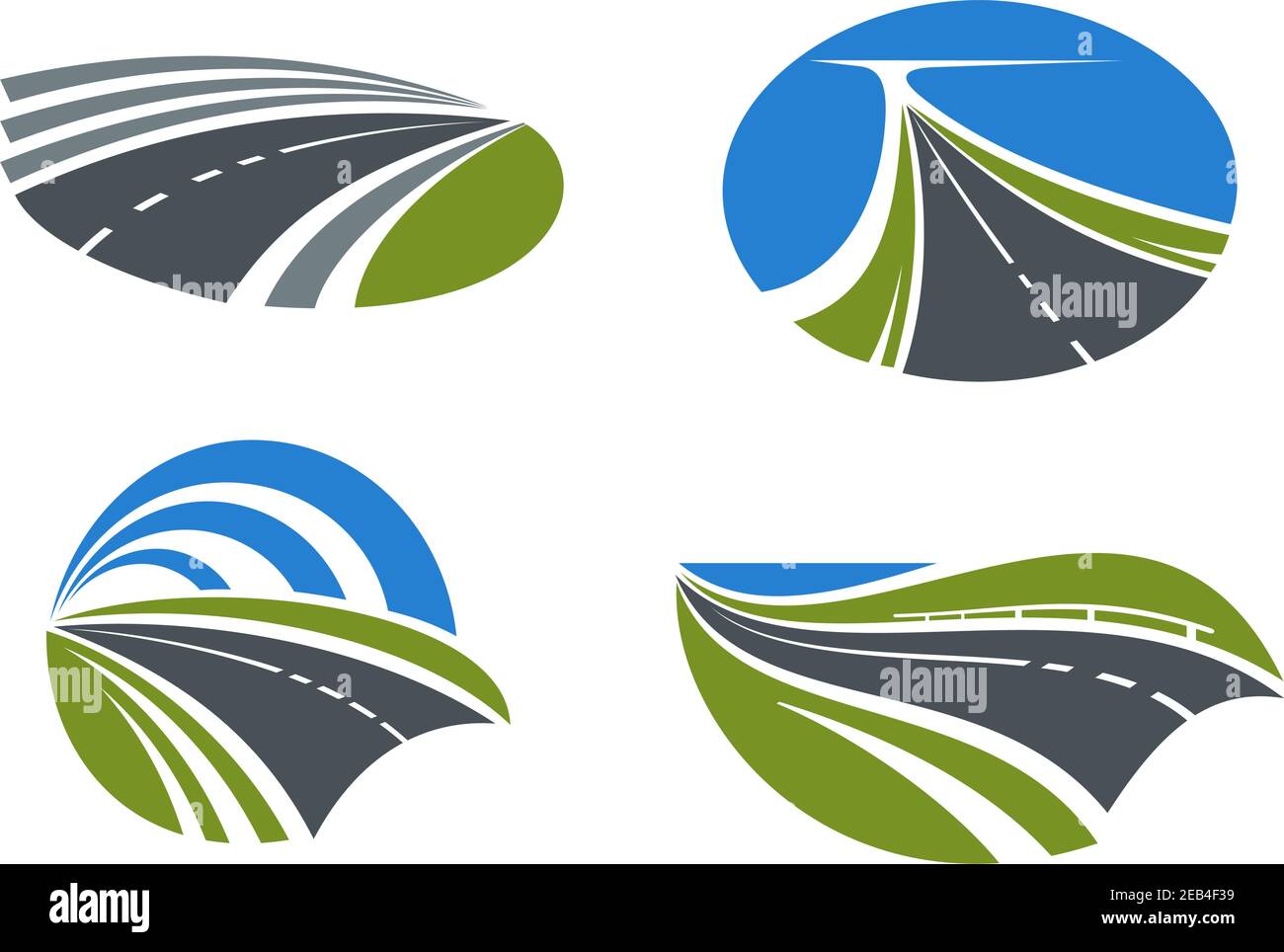 Modern paved roads and speed highways passing among scenic nature landscapes with green fields, lake and bright blue sky above. Isolated transportatio Stock Vector