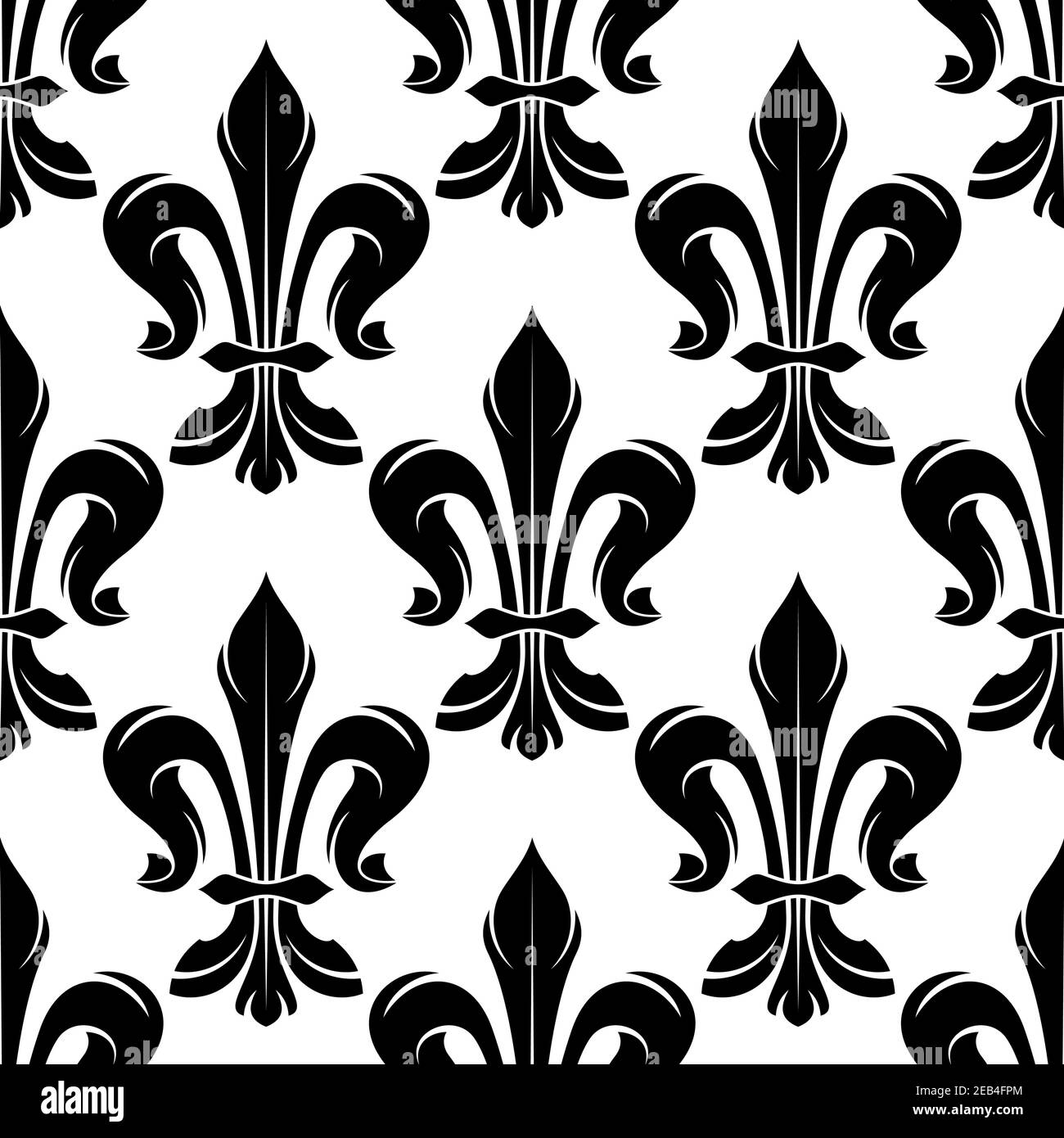 Seamless black and white fleur-de-lis pattern with elegant curled leaves arranged into royal french lily flowers. Great for medieval monarchy backgrou Stock Vector
