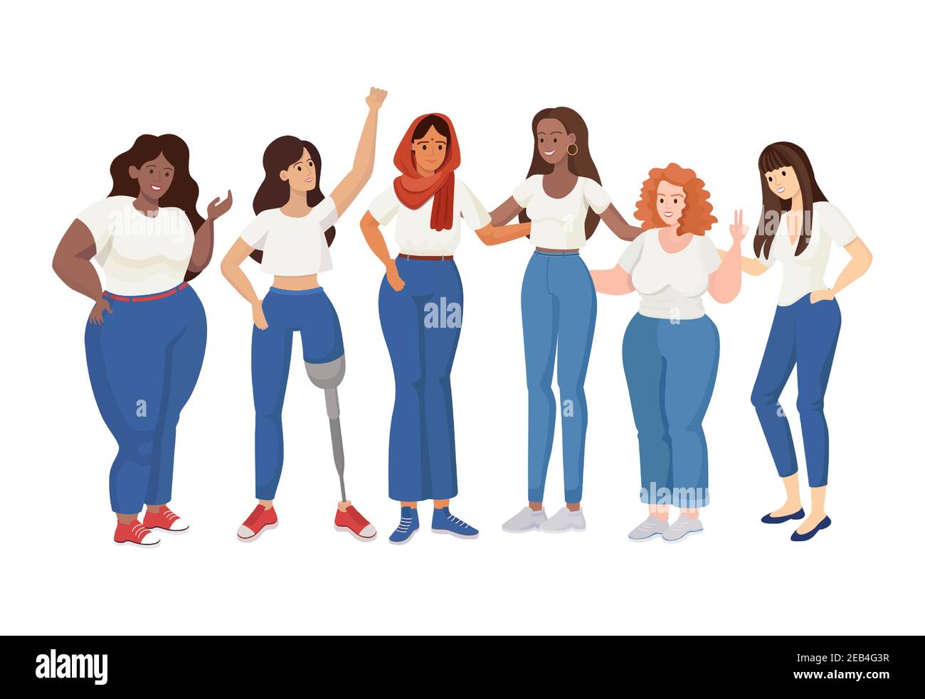 Group of standing women of different sizes and races vector flat illustration. Skinny and curvy women, woman with prosthesis. Girl power, International Woman Day, Feminism, body positive concept. Stock Vector