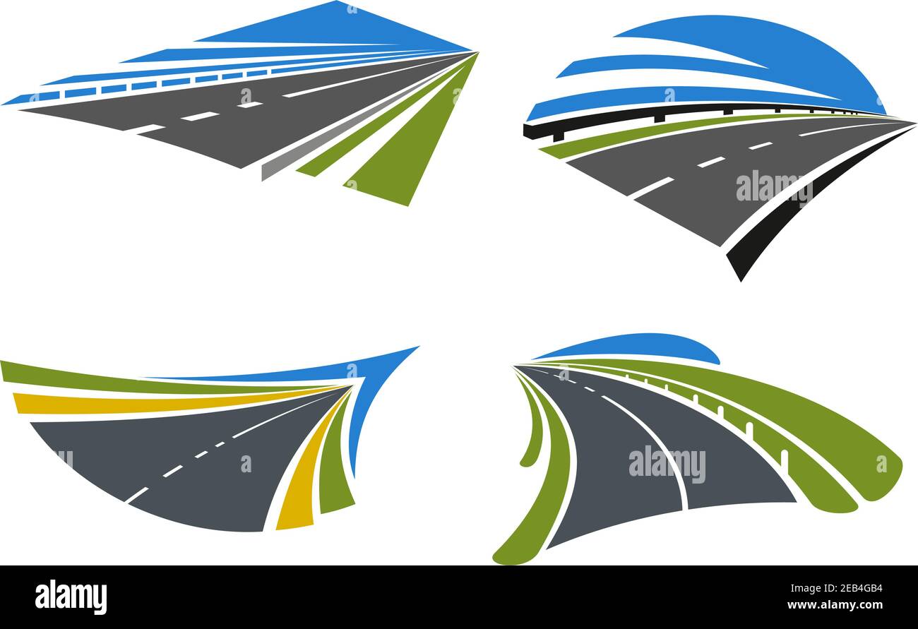 Highways and roads icons with landscape. Isolated on white vector icons. For travel, transportation and journey themes design Stock Vector