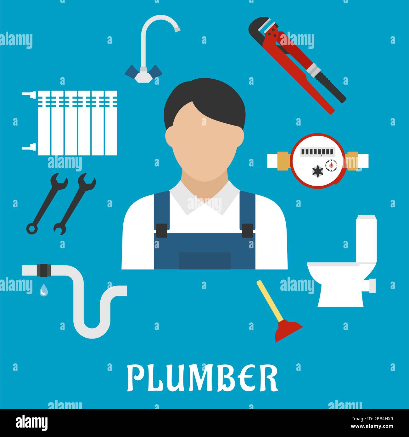 Plumber profession or service flat icons with radiator of heating system, water faucet and water meter, toilet, adjustable wrench, pipes system with l Stock Vector