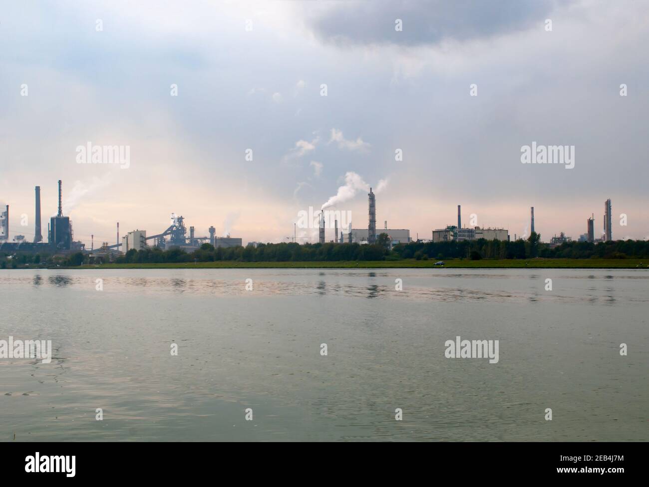 Industrial Zone in Linz Austria. The Danube river in the foreground Stock Photo