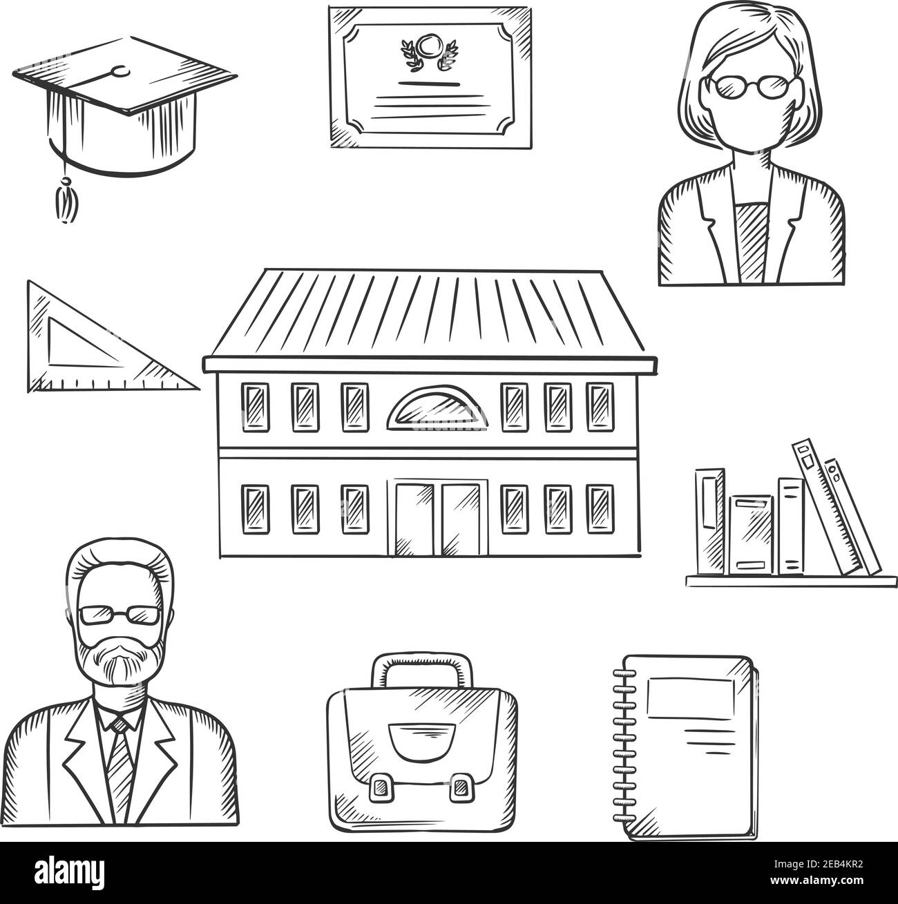 School education sketch design with a school building surrounded by ...