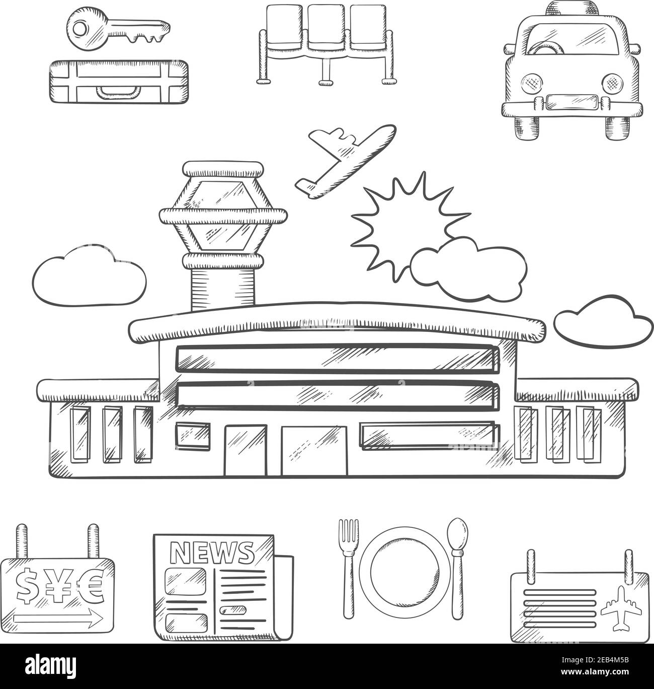 Airport and flight service sketch design with airport, taxi, ticket, waiting, baggage, currency exchange and service icons. Sketched vector objects Stock Vector