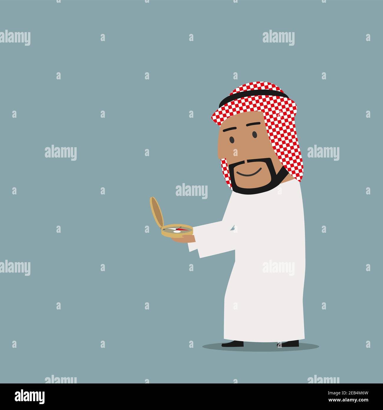 Business navigation, direction, way to success theme design. Smiling cartoon arab businessman is looking at vintage magnetic compass to find the way t Stock Vector