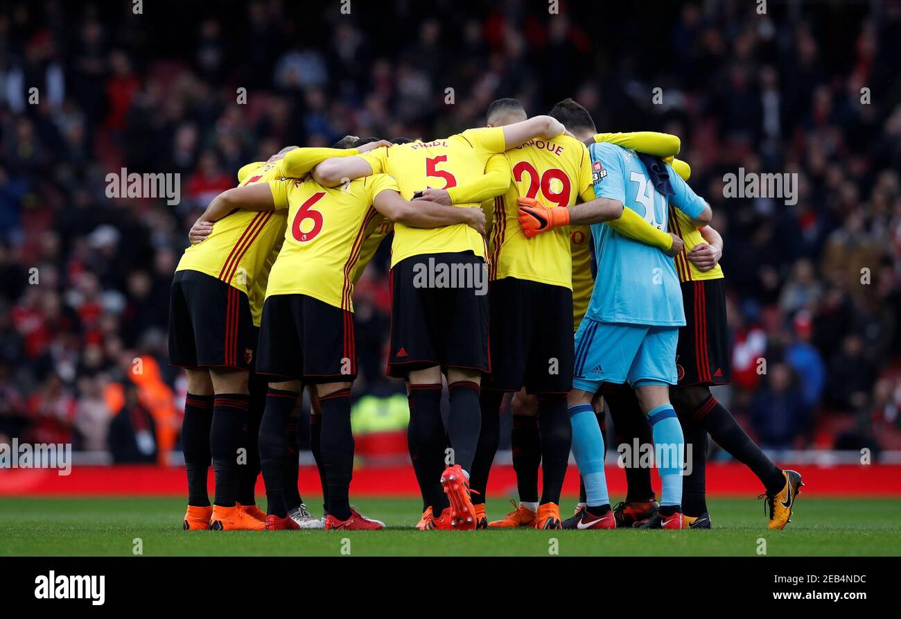 Soccer Football - Premier League - Arsenal vs Watford - Emirates Stadium, London, Britain - March 11, 2018 Watford huddle before the match REUTERS/Eddie Keogh EDITORIAL USE ONLY. No use with unauthorized audio, video, data, fixture lists, club/league logos or "live" services. Online in-match use limited to 75 images, no video emulation. No use in betting, games or single club/league/player publications. Please contact your account representative for further details. Stock Photo